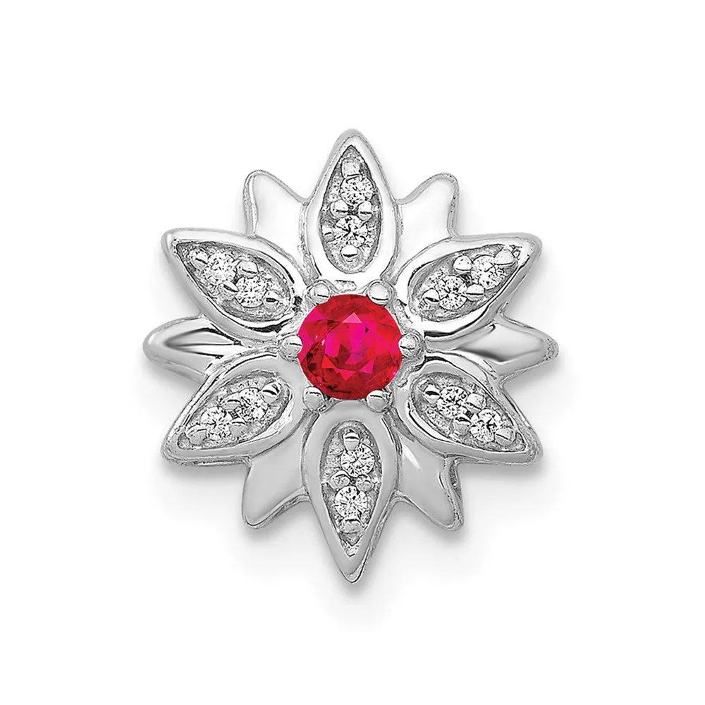 14k White Gold 1/20ct. Diamond and Ruby Flower Chain Slide