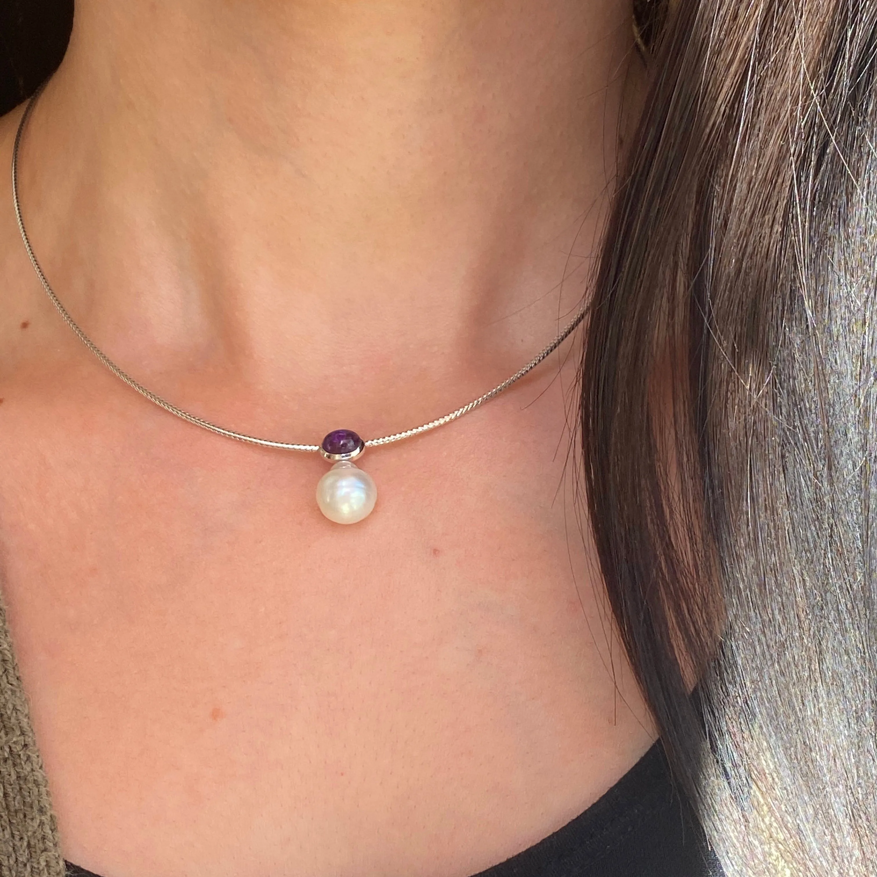 14KT White Gold Cabochon Amethyst   11mm Paspaley South Sea Pearl Pendant Slide #2