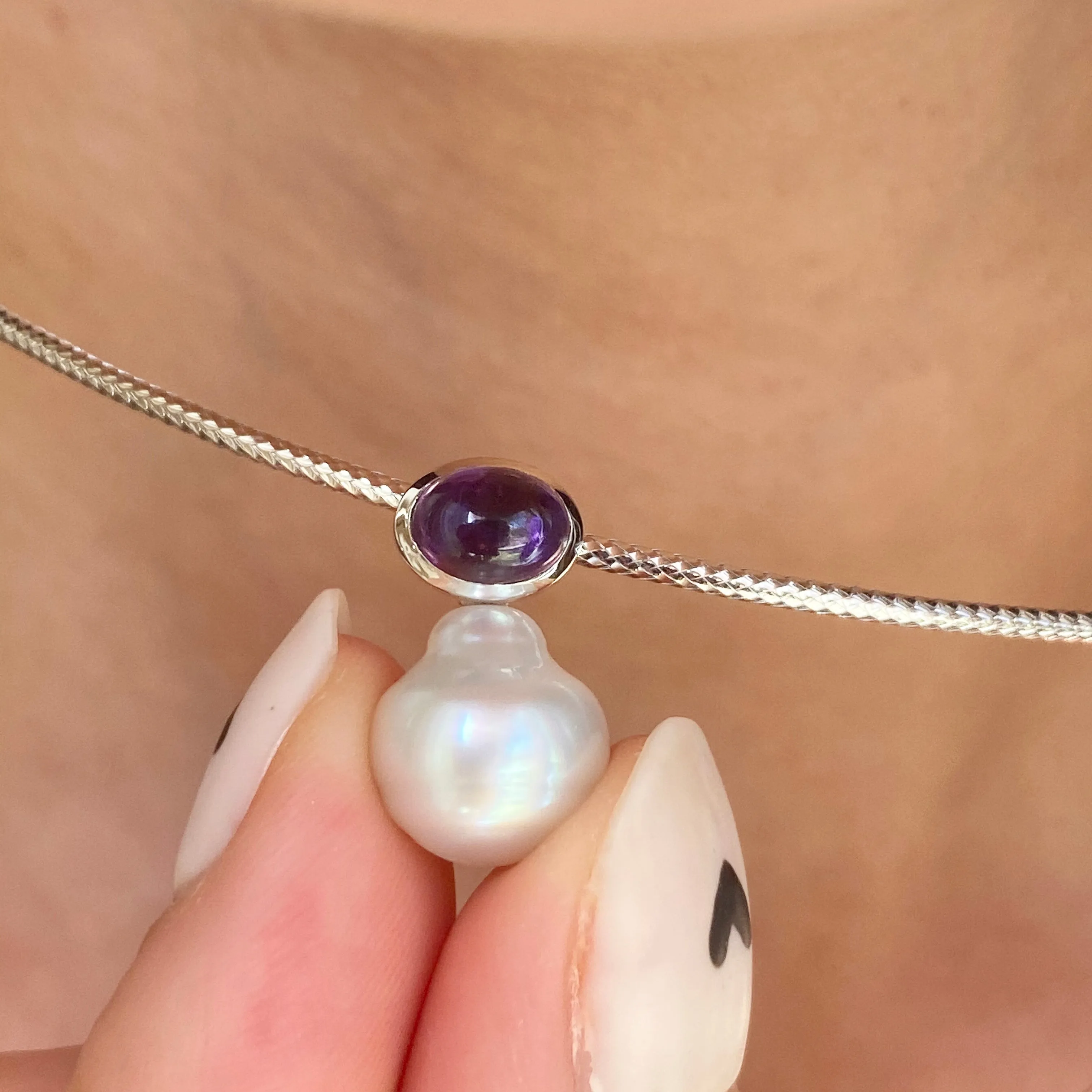 14KT White Gold Cabochon Amethyst   11mm Paspaley South Sea Pearl Pendant Slide #2