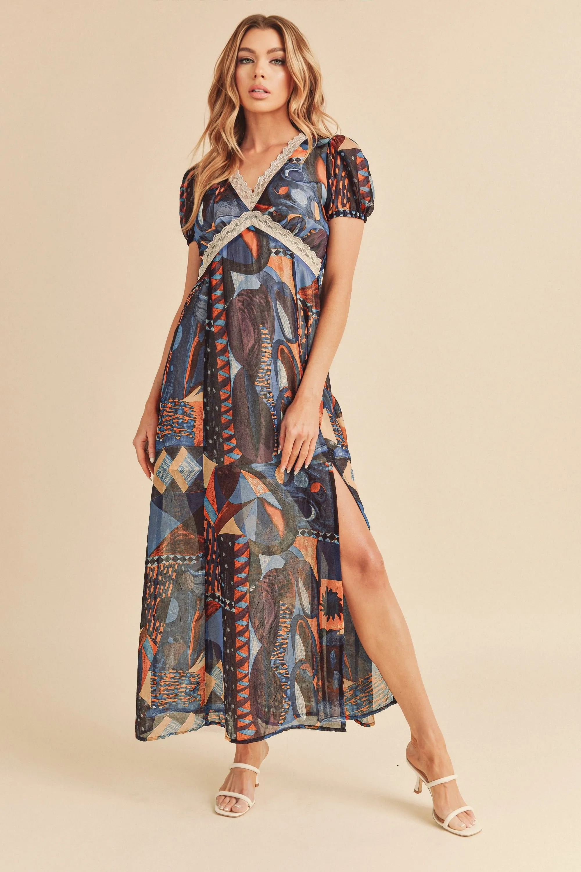 Aemi   Co Lace Detail Slit Geometric Print Short Sleeve Maxi Dress