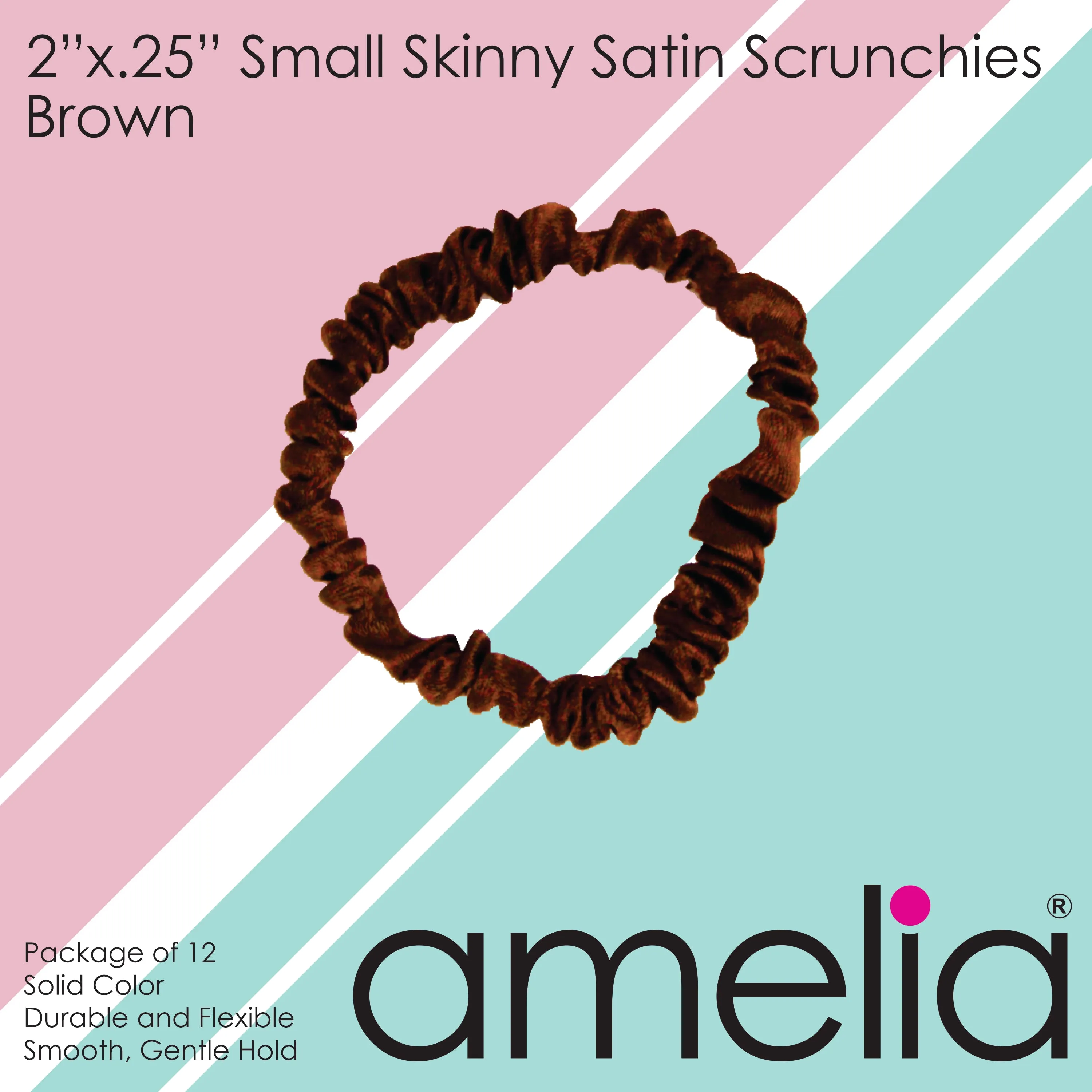 Amelia Beauty, Brown Skinny Satin Scrunchies, 2in Diameter, Gentle and Strong Hold, No Snag, No Dents or Creases. 12 Pack