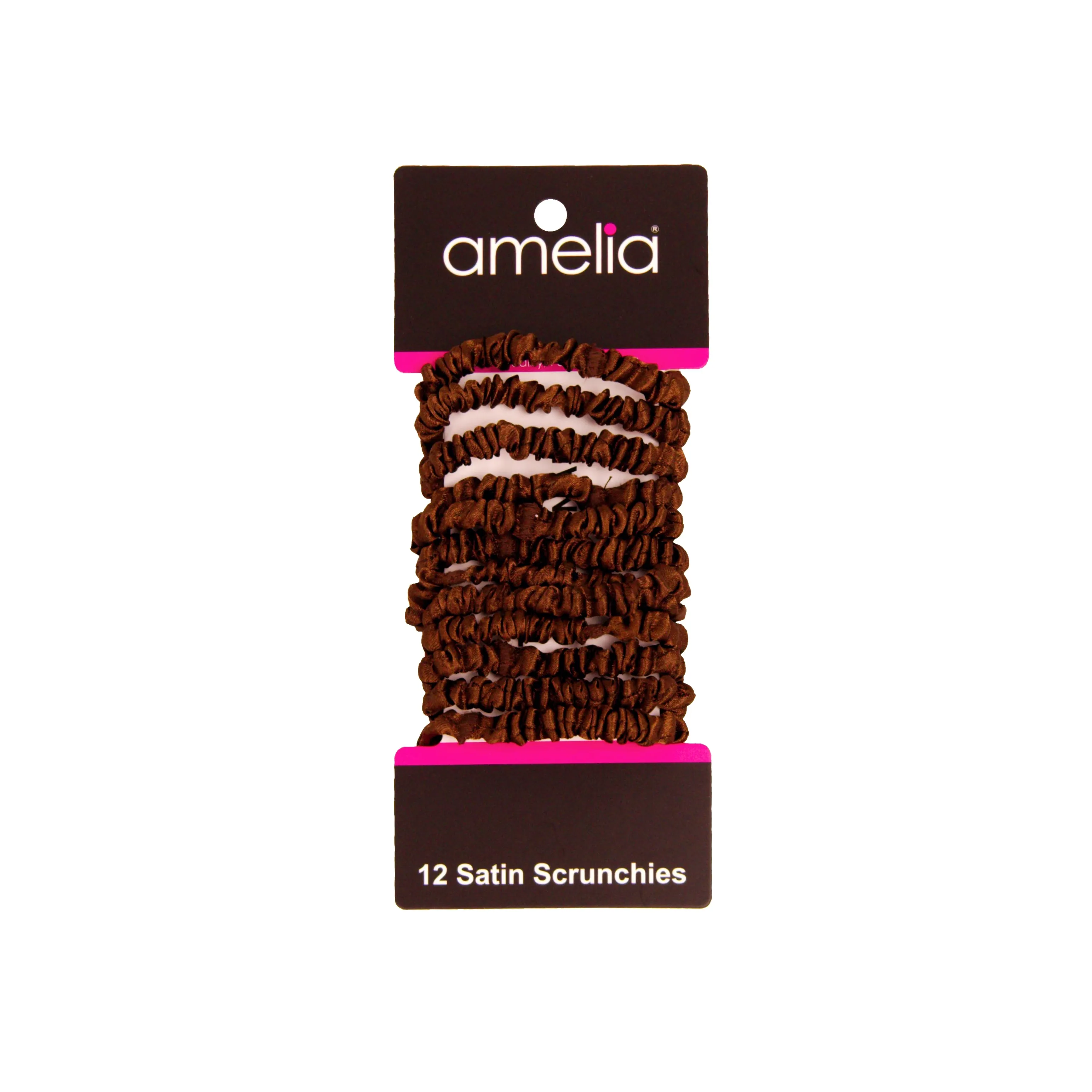 Amelia Beauty, Brown Skinny Satin Scrunchies, 2in Diameter, Gentle and Strong Hold, No Snag, No Dents or Creases. 12 Pack