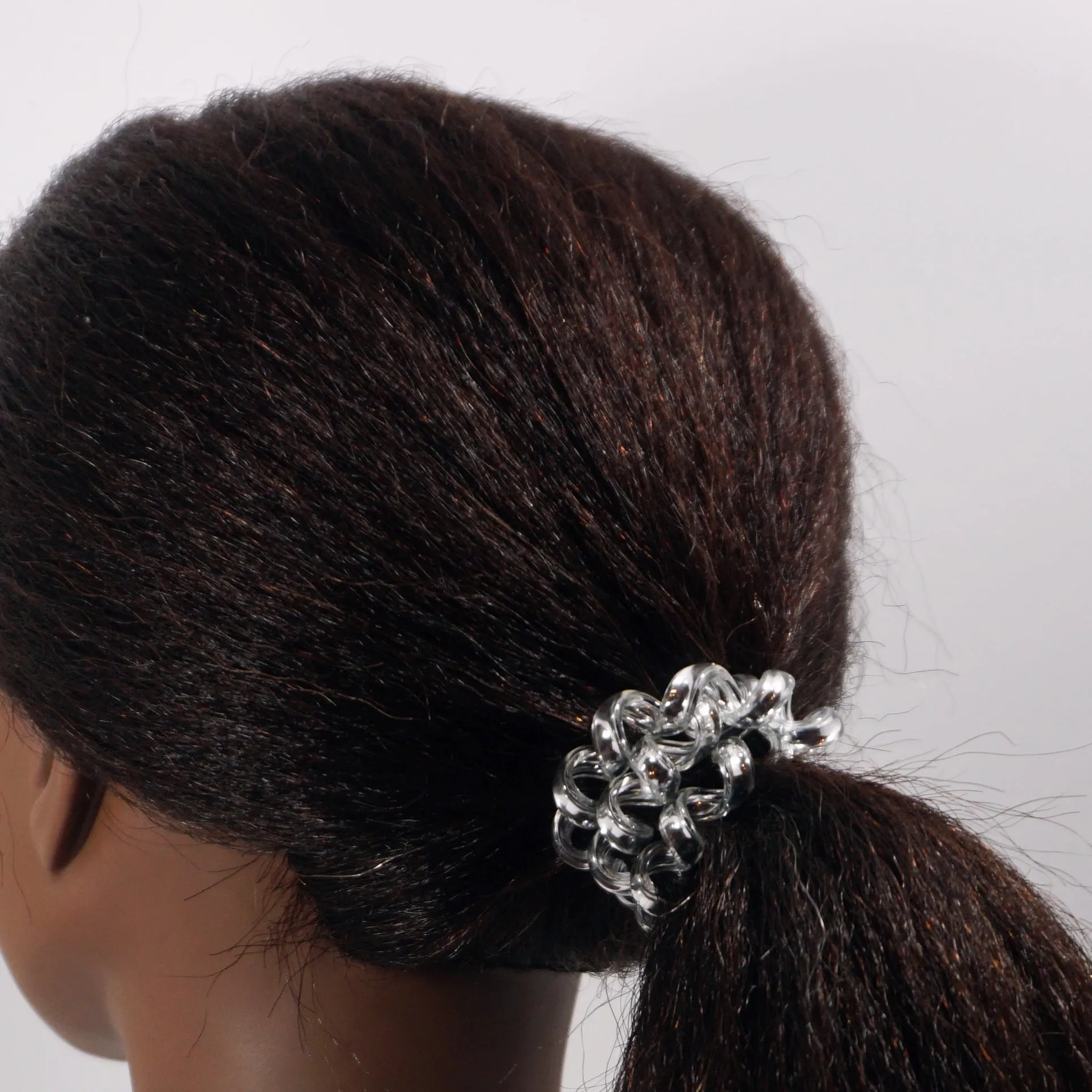 Amelia Beauty Products 8 Large Smooth Shiny Center Elastic Hair Coils, 2. 5in Diameter Thick Spiral Hair Ties, Gentle on Hair, Strong Hold and Minimizes Dents and Creases, Blue, Silver and Red Mix