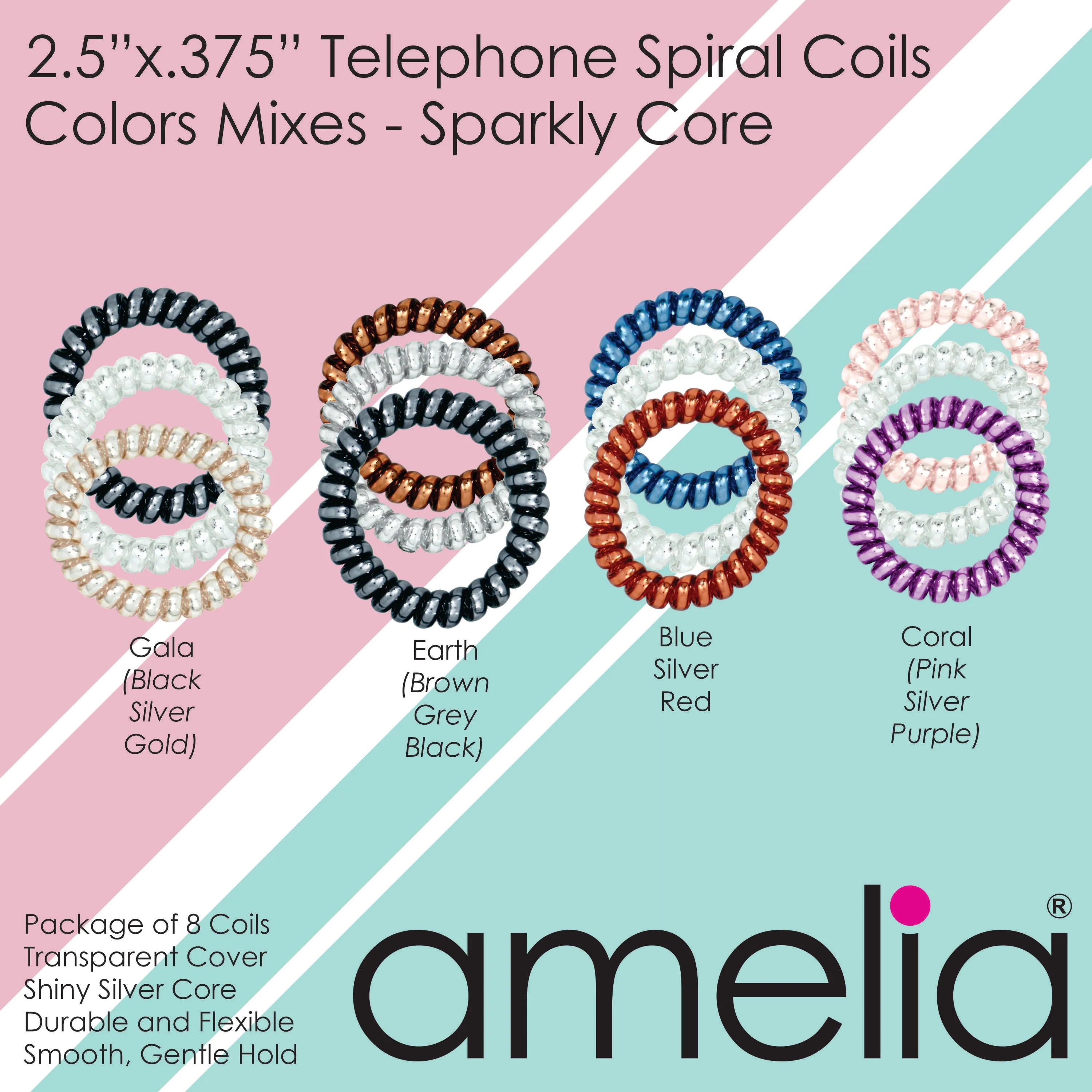Amelia Beauty Products 8 Large Smooth Shiny Center Elastic Hair Coils, 2. 5in Diameter Thick Spiral Hair Ties, Gentle on Hair, Strong Hold and Minimizes Dents and Creases, Brown