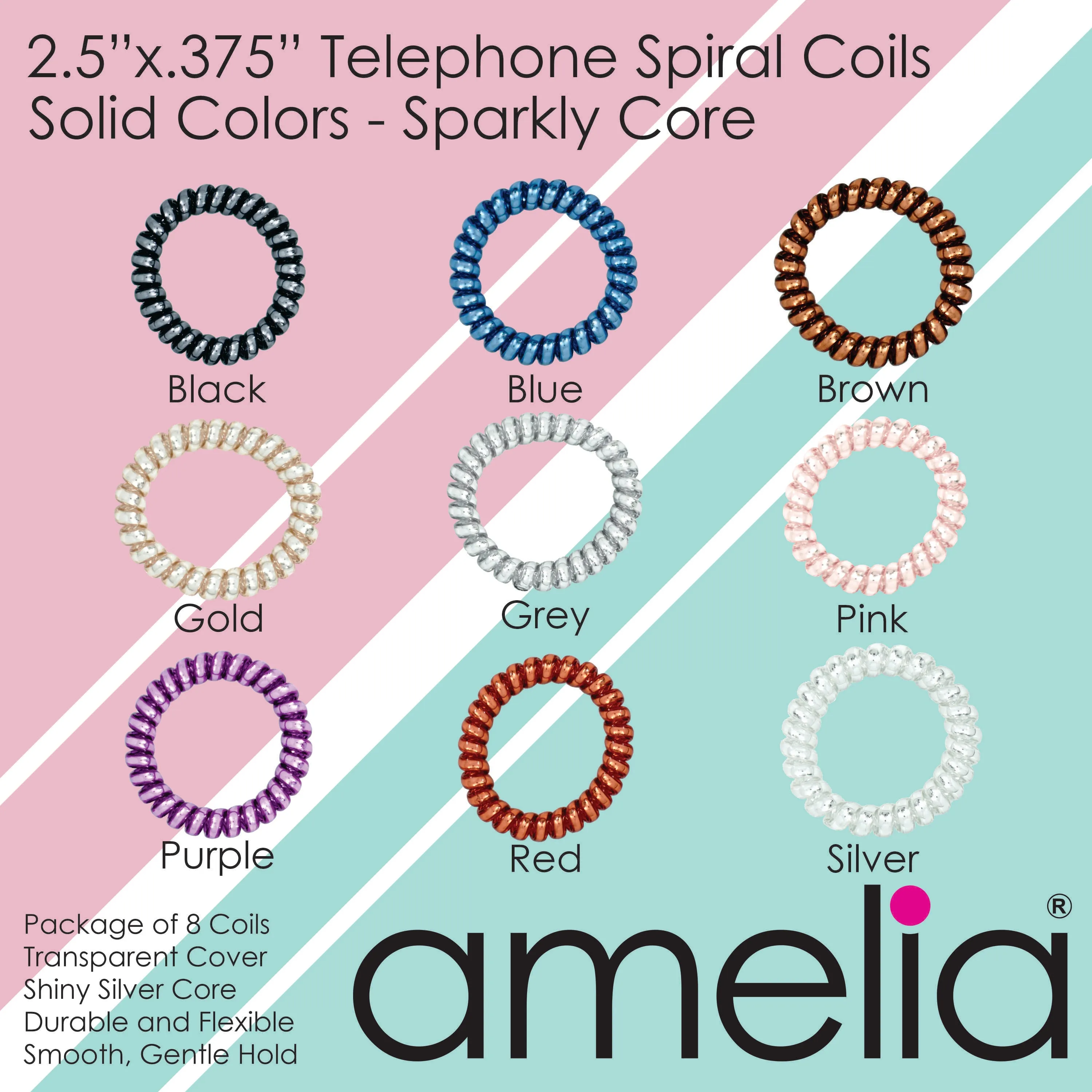 Amelia Beauty Products 8 Large Smooth Shiny Center Elastic Hair Coils, 2. 5in Diameter Thick Spiral Hair Ties, Gentle on Hair, Strong Hold and Minimizes Dents and Creases, Gold