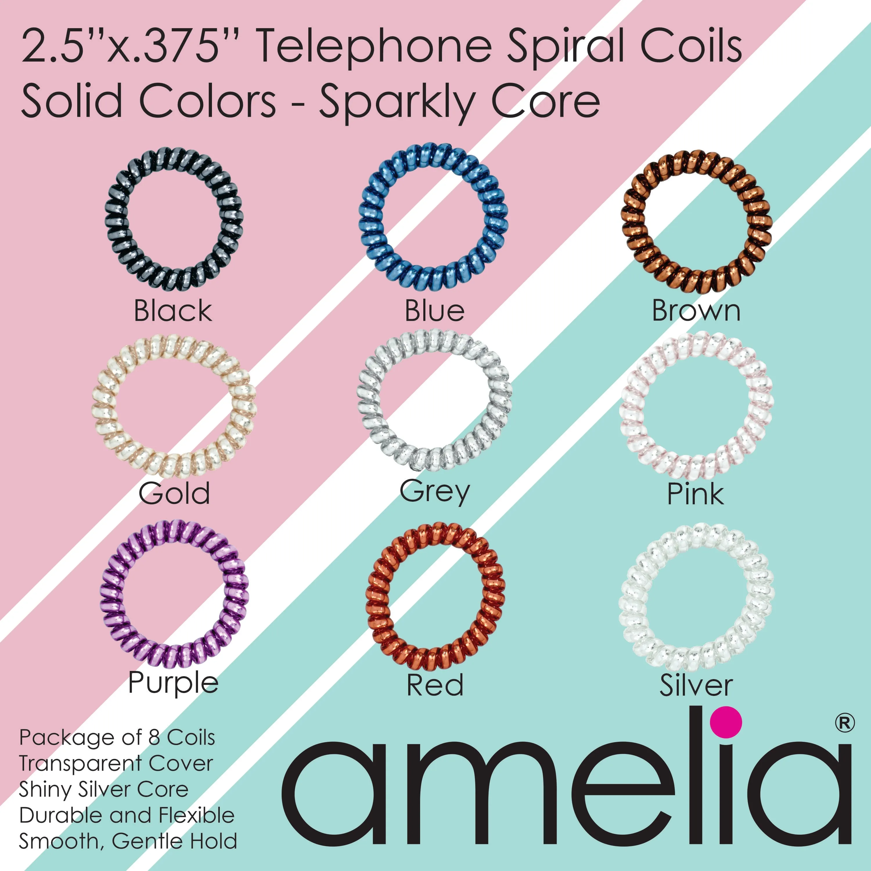 Amelia Beauty Products 8 Large Smooth Shiny Center Elastic Hair Coils, 2. 5in Diameter Thick Spiral Hair Ties, Gentle on Hair, Strong Hold and Minimizes Dents and Creases, Pink, Silver and Purple Mix