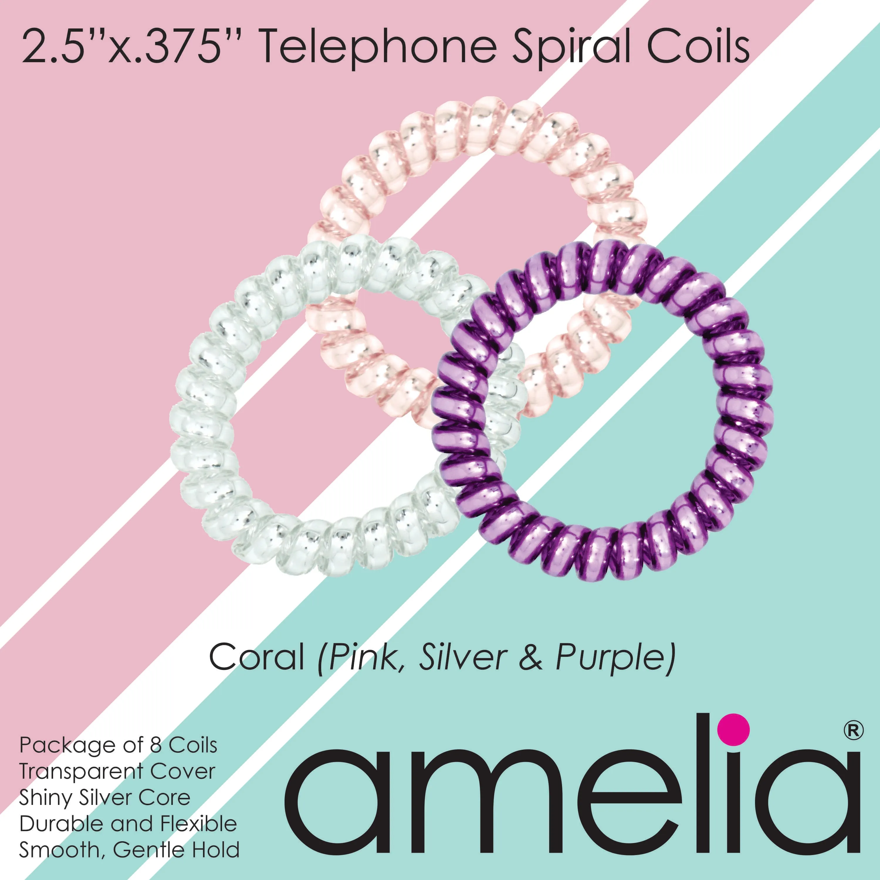Amelia Beauty Products 8 Large Smooth Shiny Center Elastic Hair Coils, 2. 5in Diameter Thick Spiral Hair Ties, Gentle on Hair, Strong Hold and Minimizes Dents and Creases, Pink, Silver and Purple Mix