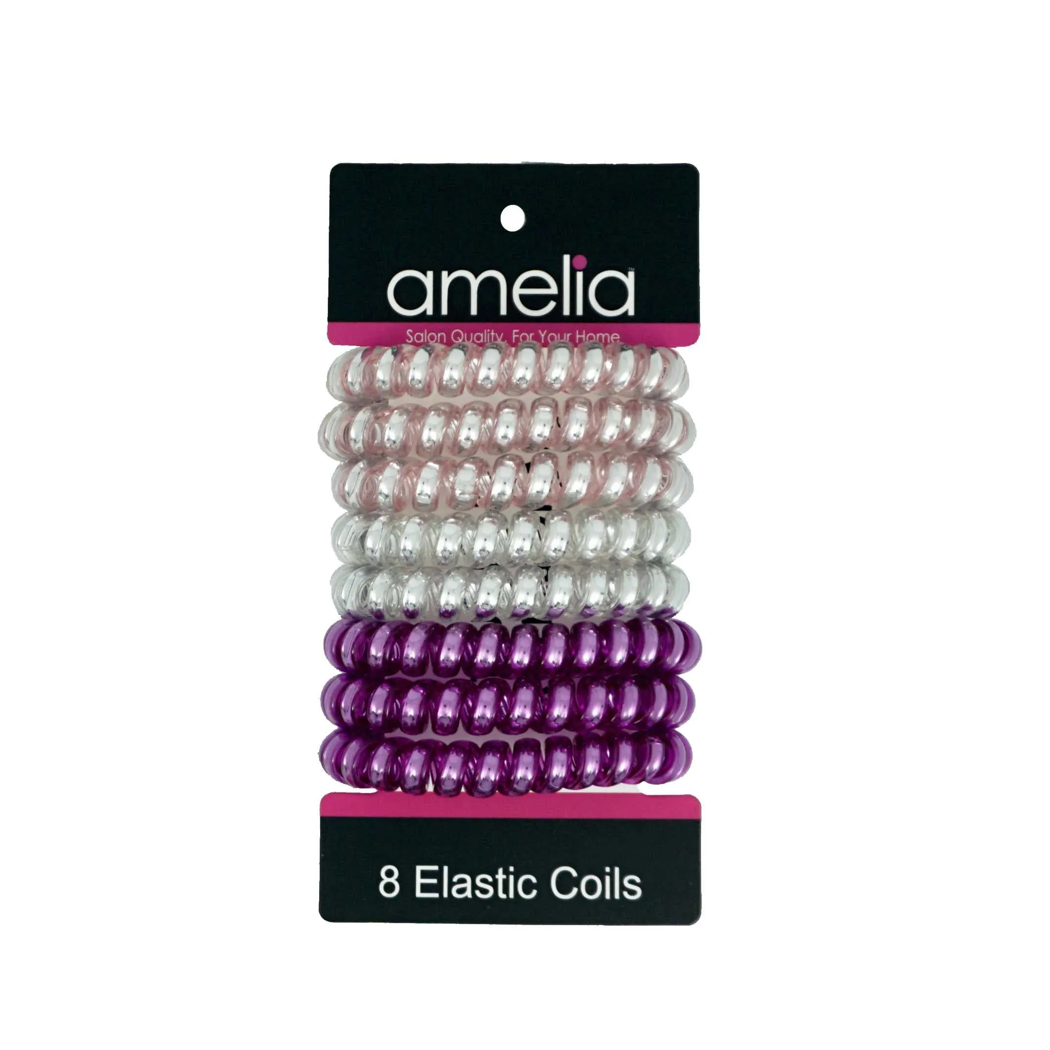 Amelia Beauty Products 8 Large Smooth Shiny Center Elastic Hair Coils, 2. 5in Diameter Thick Spiral Hair Ties, Gentle on Hair, Strong Hold and Minimizes Dents and Creases, Pink, Silver and Purple Mix