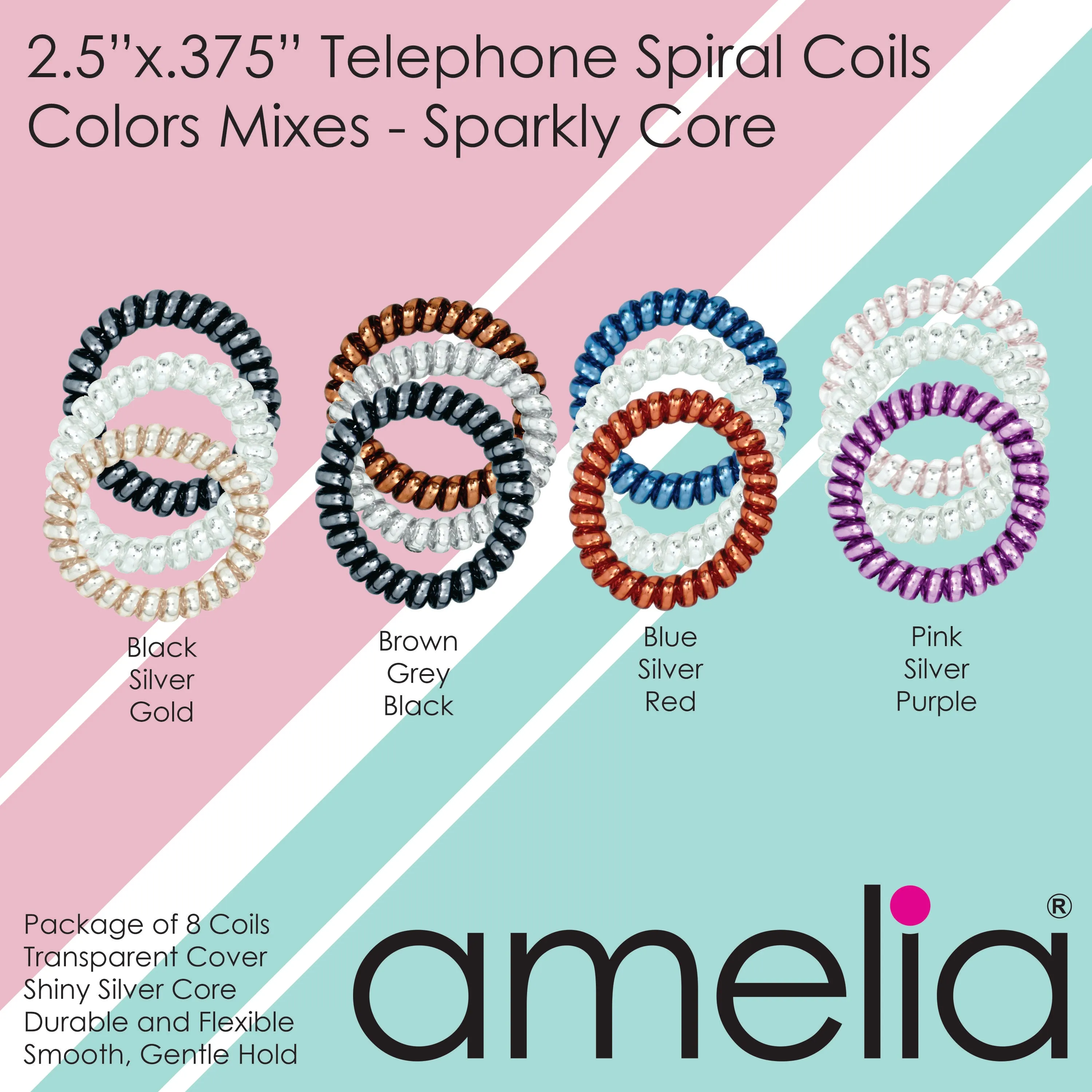 Amelia Beauty Products 8 Large Smooth Shiny Center Elastic Hair Coils, 2. 5in Diameter Thick Spiral Hair Ties, Gentle on Hair, Strong Hold and Minimizes Dents and Creases, Pink, Silver and Purple Mix
