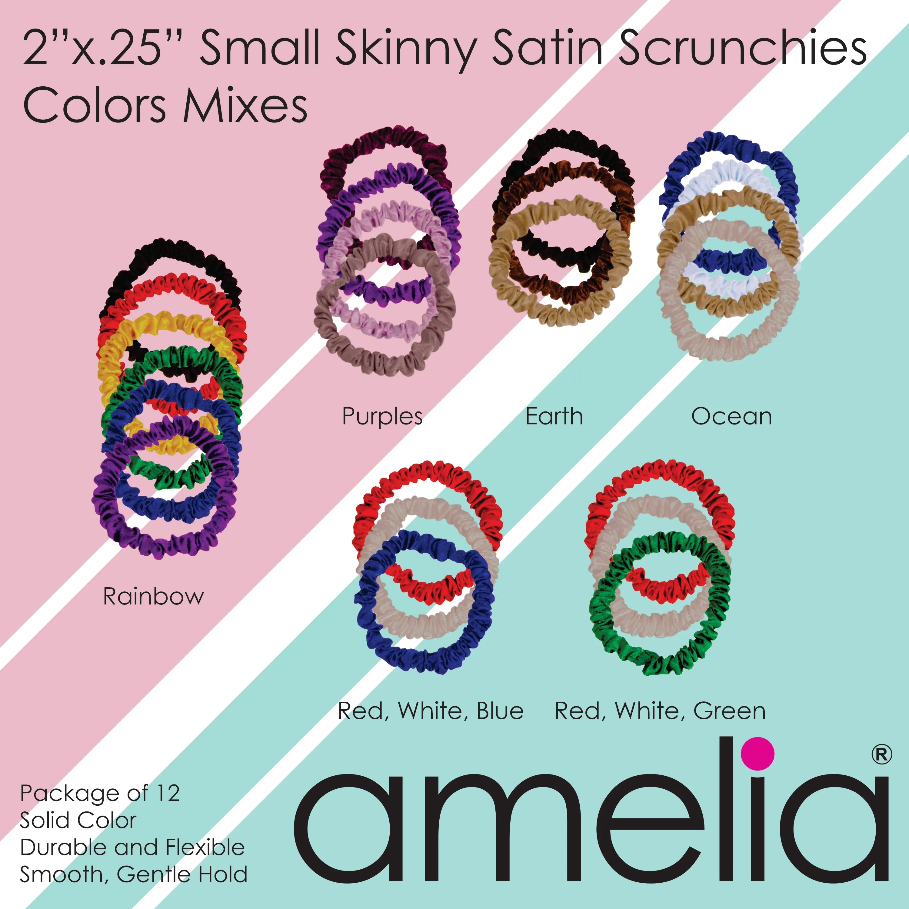 Amelia Beauty, Purple Blend Skinny Satin Scrunchies, 2in Diameter, Gentle and Strong Hold, No Snag, No Dents or Creases. 12 Pack