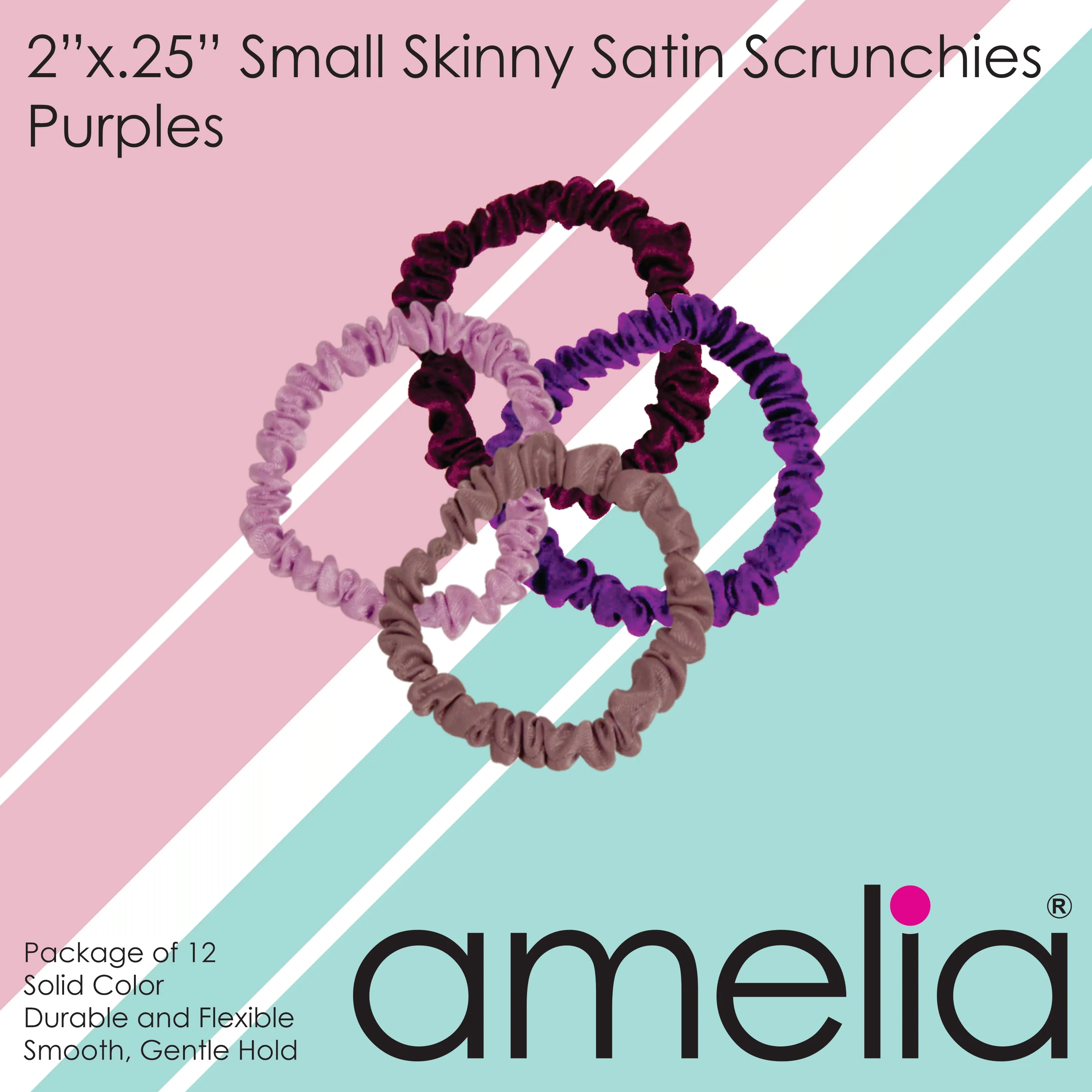 Amelia Beauty, Purple Blend Skinny Satin Scrunchies, 2in Diameter, Gentle and Strong Hold, No Snag, No Dents or Creases. 12 Pack
