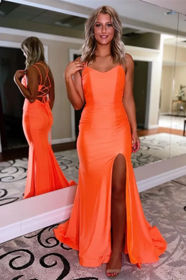 Anneprom Chic A line Simple Double Spaghetti Straps Blue Prom Dresses Split Long Evening Dresses APP0544