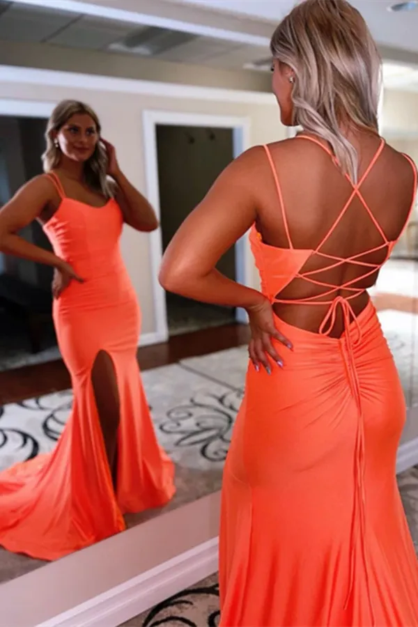 Anneprom Chic A line Simple Double Spaghetti Straps Blue Prom Dresses Split Long Evening Dresses APP0544