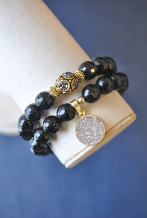 BLACK ONYX DRUZY AND CRYSTALS STRETCHY BRACELETS SET
