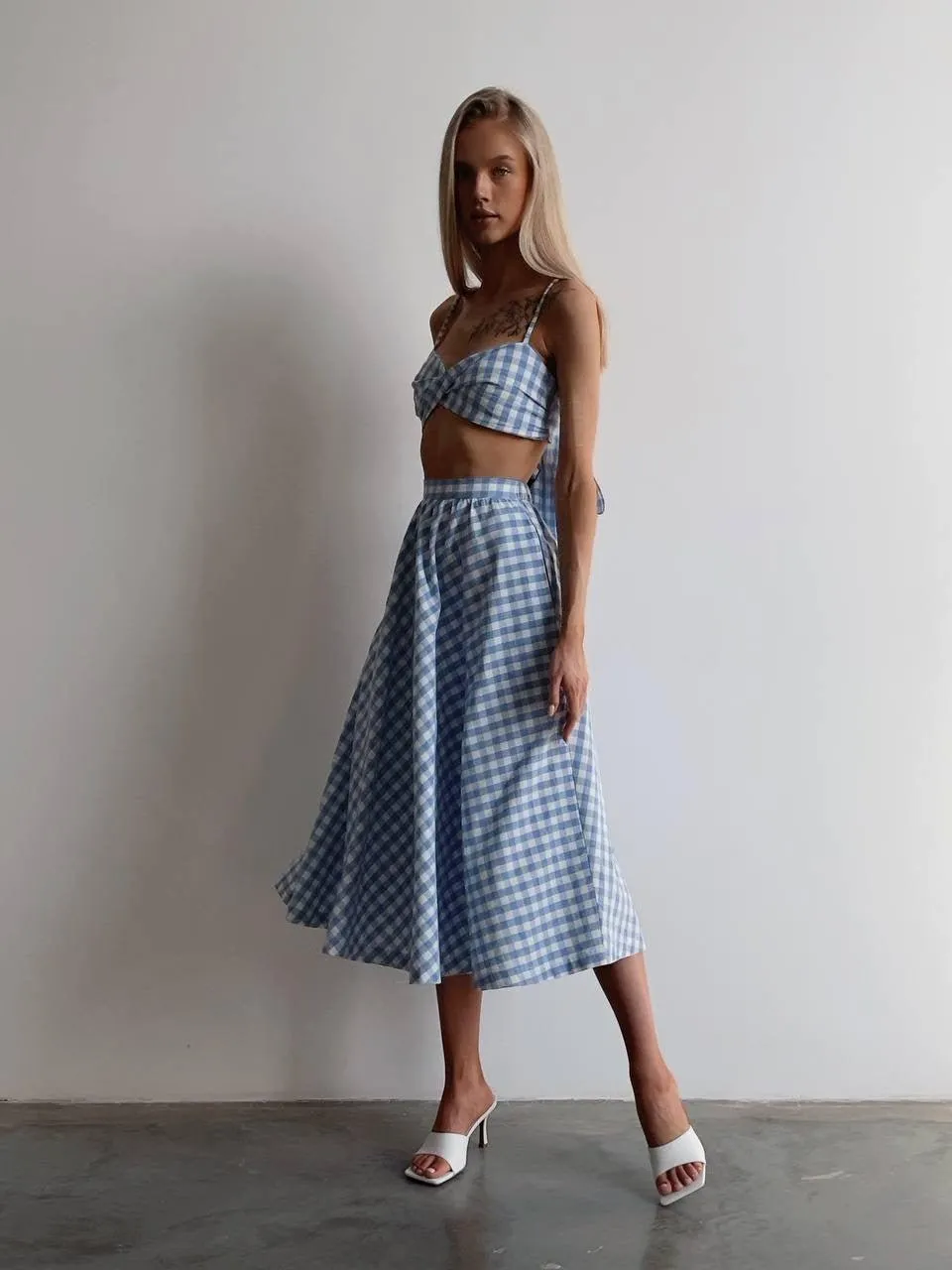 Blue Gingham Crop Top and Midi Skirt Set