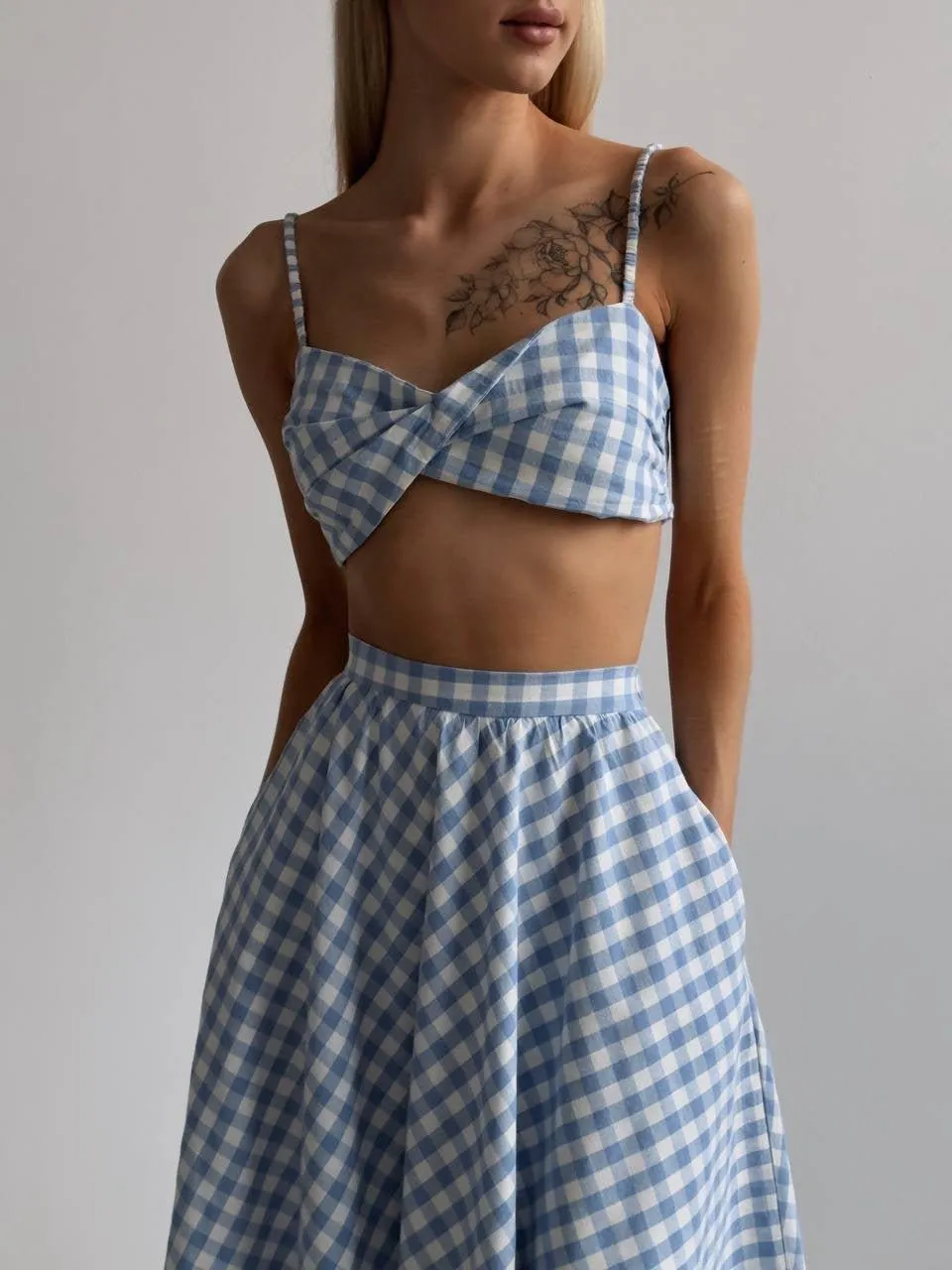 Blue Gingham Crop Top and Midi Skirt Set