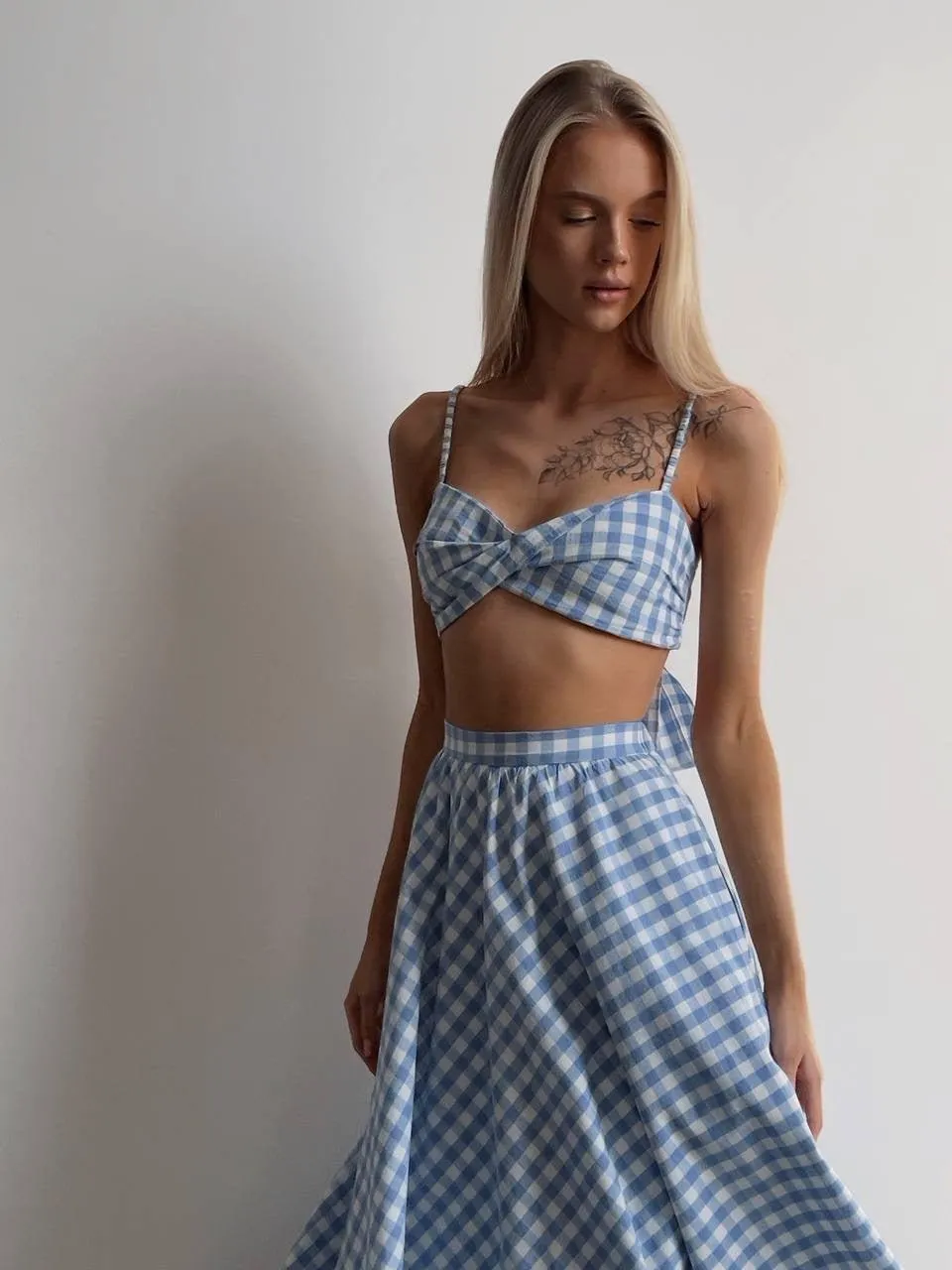 Blue Gingham Crop Top and Midi Skirt Set