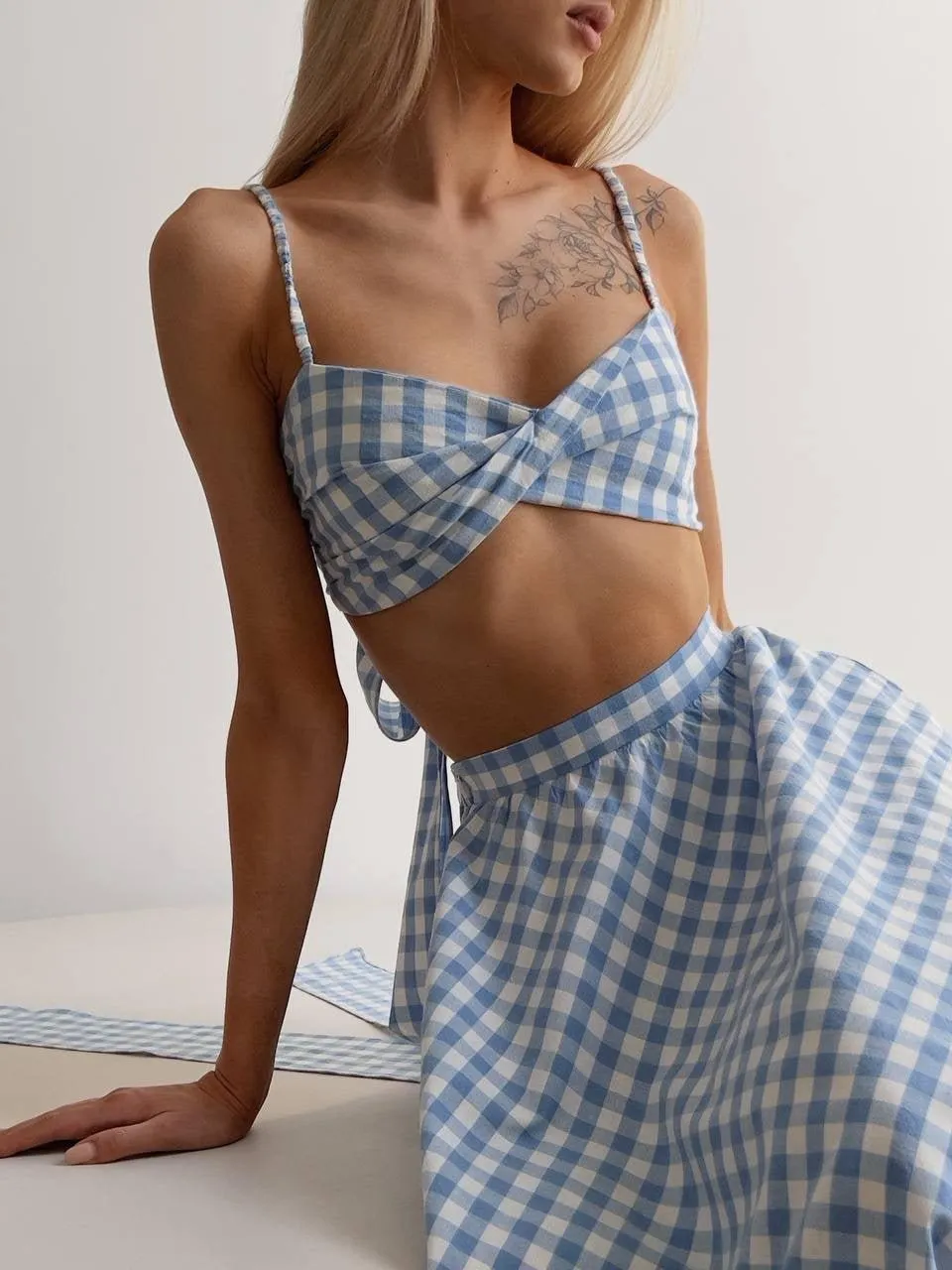 Blue Gingham Crop Top and Midi Skirt Set