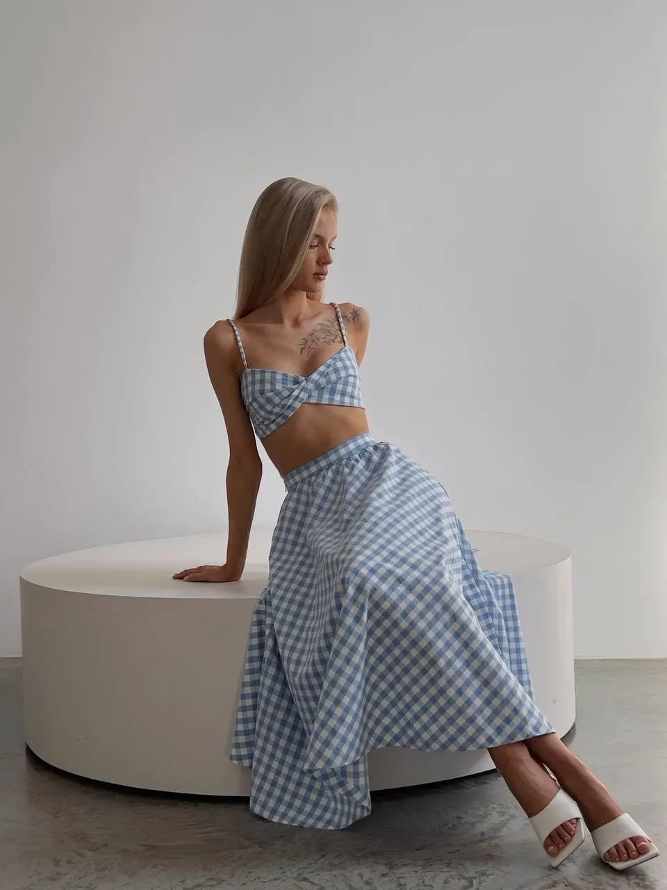 Blue Gingham Crop Top and Midi Skirt Set