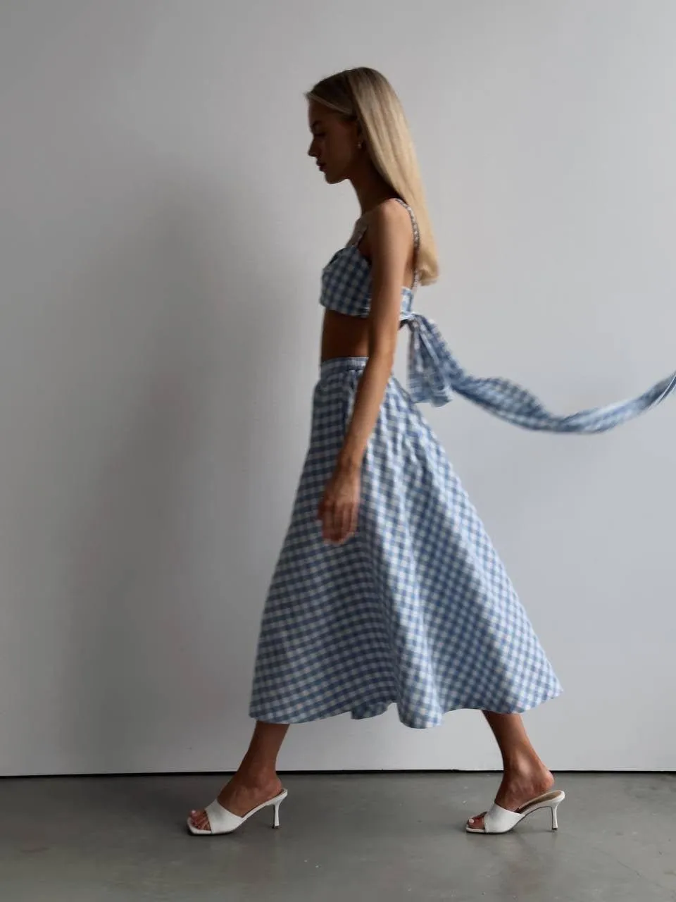 Blue Gingham Crop Top and Midi Skirt Set