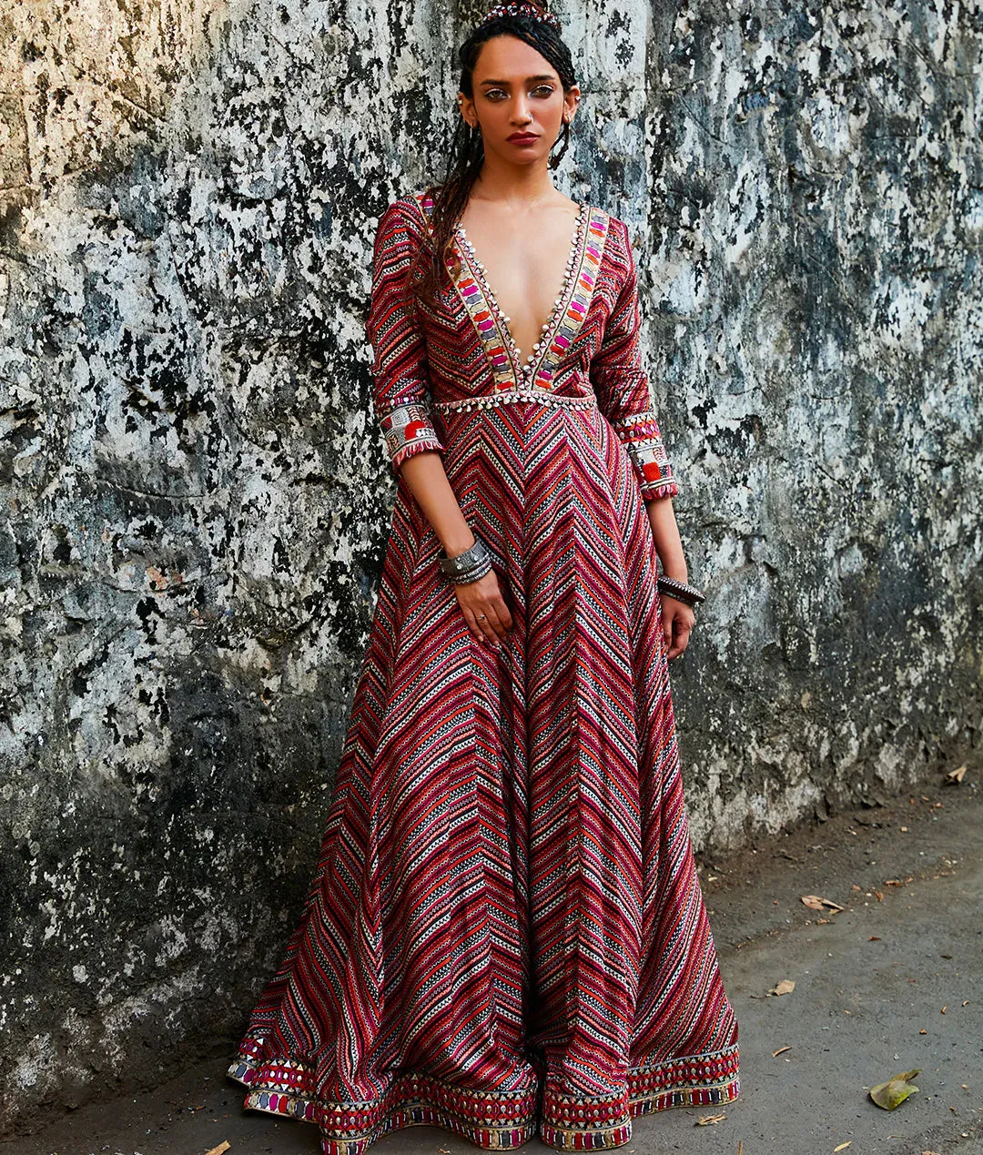 BOHEMIAN STRIPE PRINT PLUNGE NECK ANARKALI
