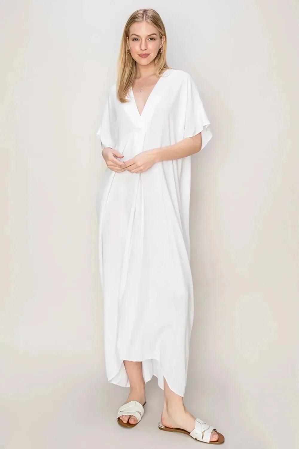 Breezy Elegant V-Neck Dolman Sleeves Beach Coverup Kaftan Dress