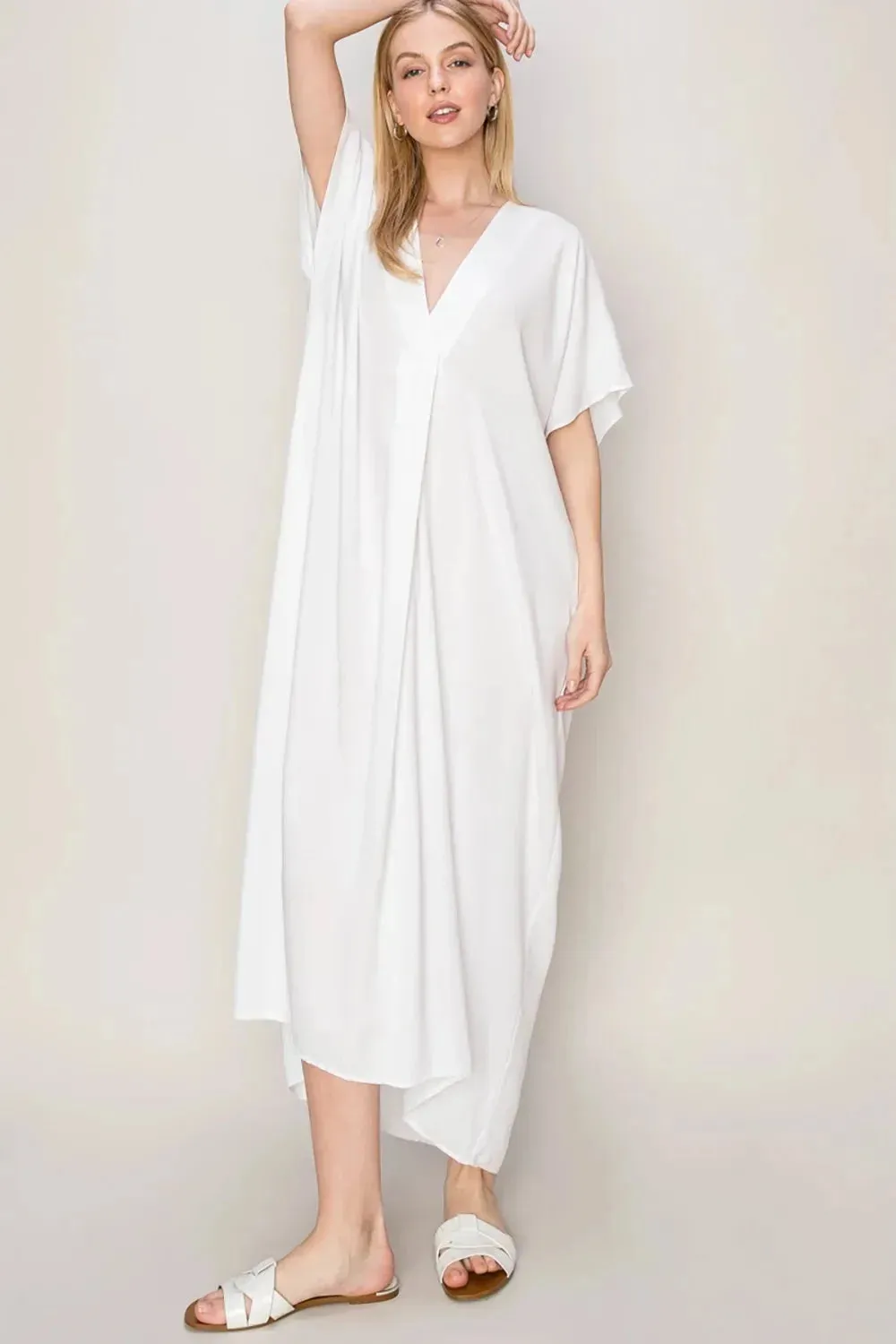 Breezy Elegant V-Neck Dolman Sleeves Beach Coverup Kaftan Dress