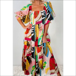 Chic Printed Square Neck Midi Dress