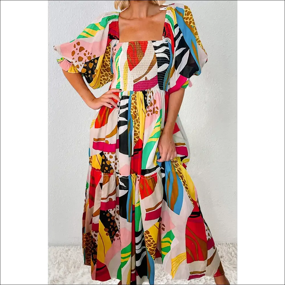 Chic Printed Square Neck Midi Dress