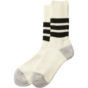 Coarse Ribbed Oldschool Crew Socks, White/Black Stripe