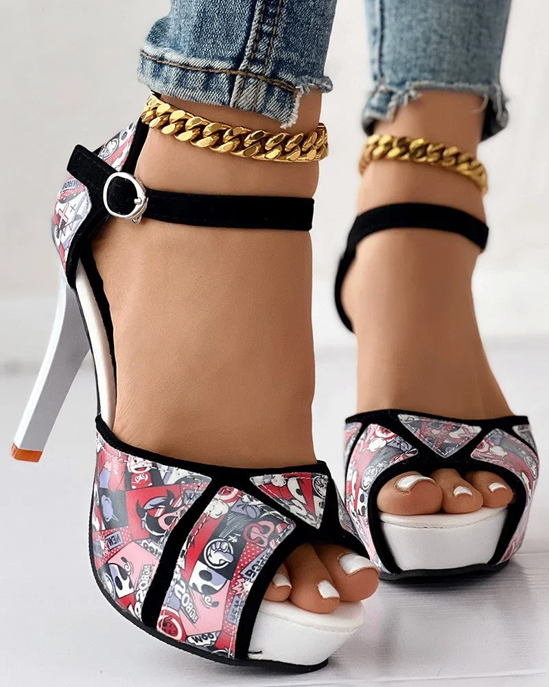 Colorblock Peep Toe Pumps Ankle Strap Platform Heeled Sandals