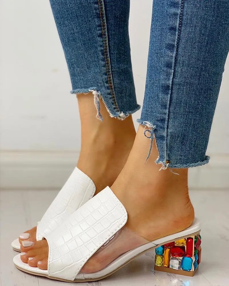 Croc Embossed Rhinestone Chunky Heels