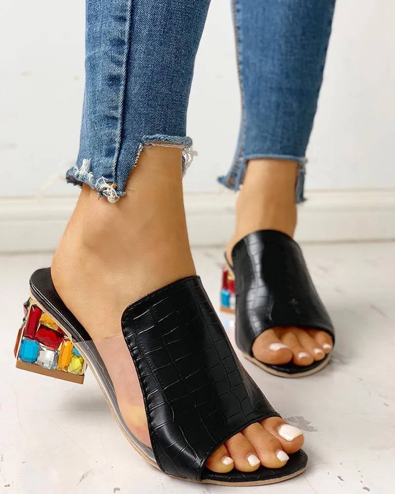 Croc Embossed Rhinestone Chunky Heels