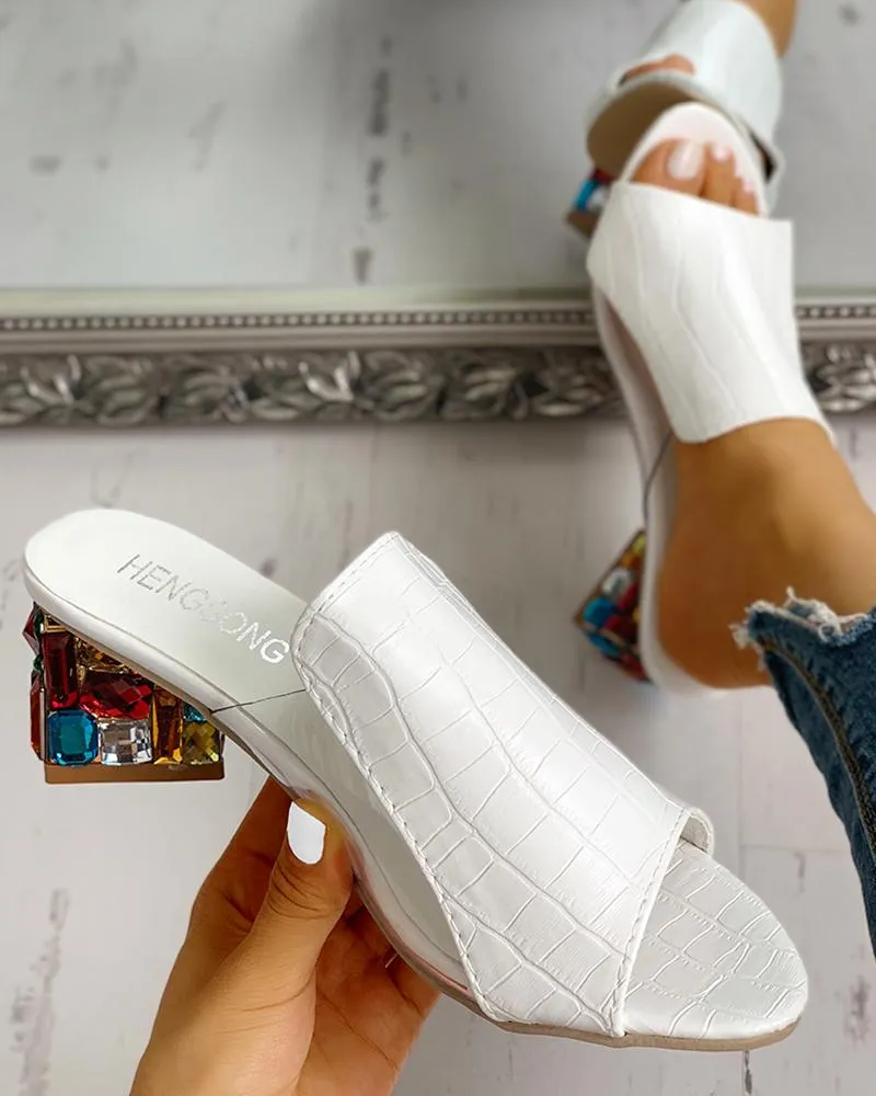Croc Embossed Rhinestone Chunky Heels