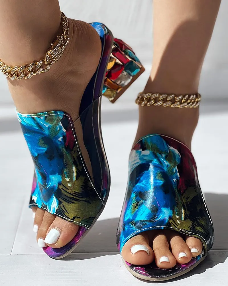 Croc Embossed Rhinestone Chunky Heels