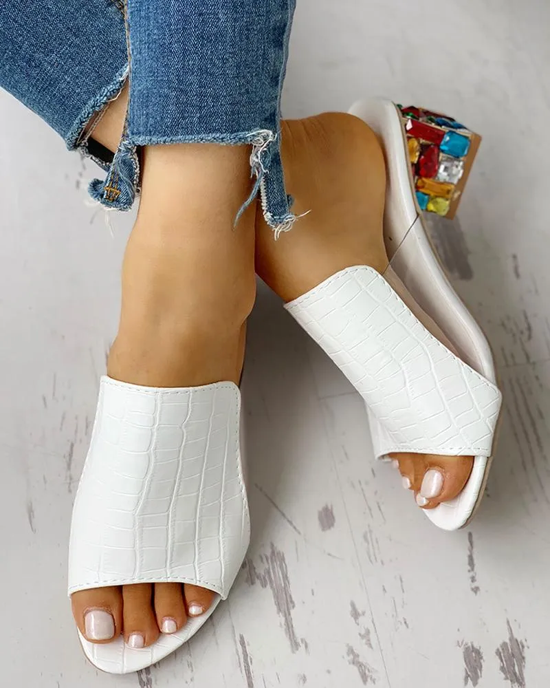 Croc Embossed Rhinestone Chunky Heels