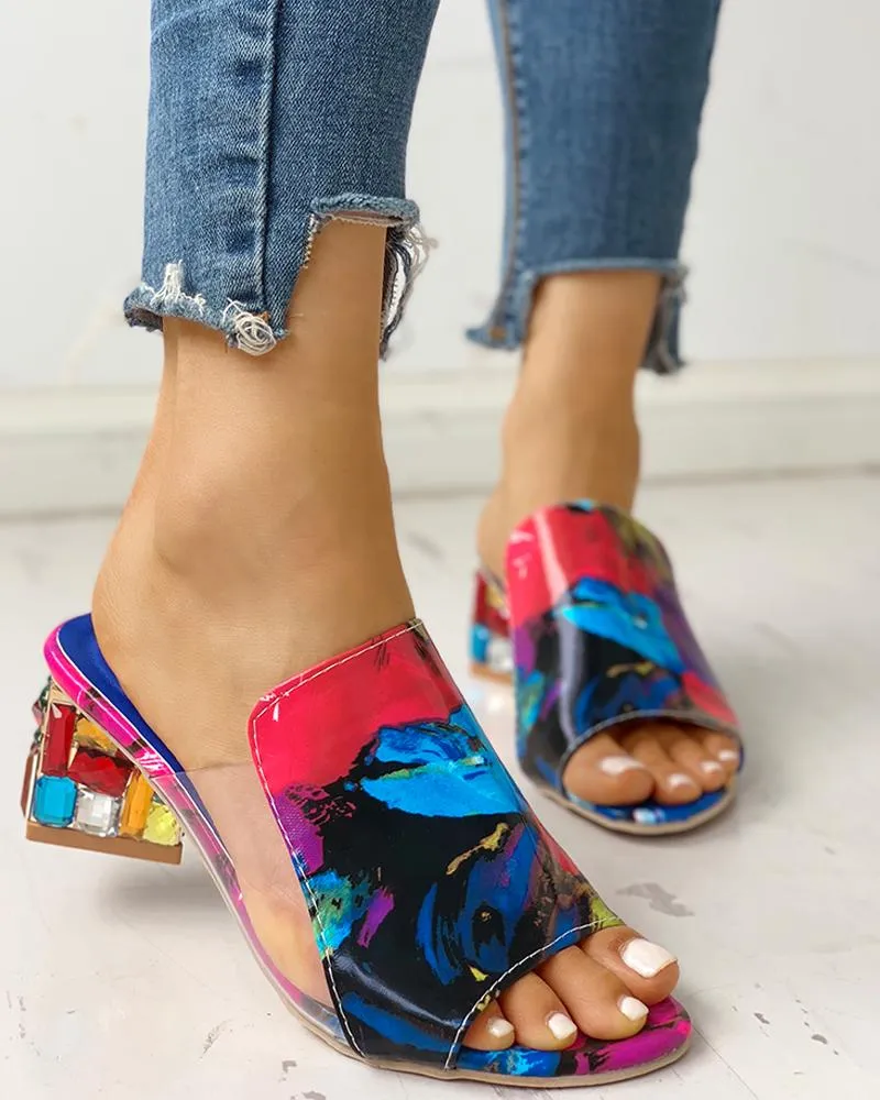 Croc Embossed Rhinestone Chunky Heels
