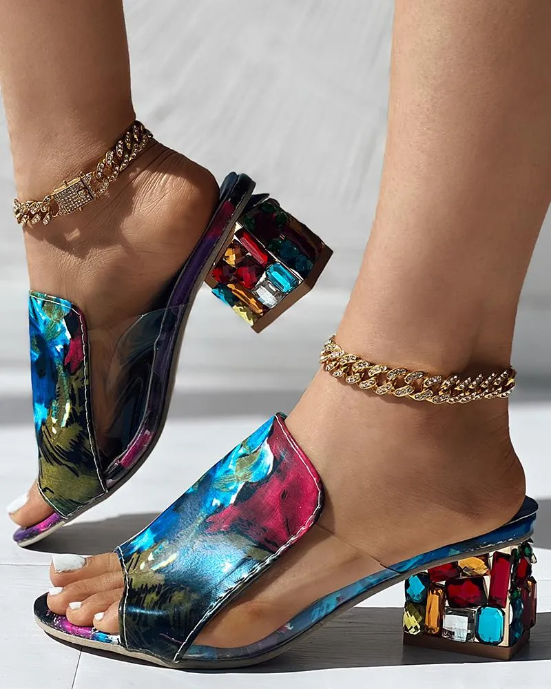 Croc Embossed Rhinestone Chunky Heels