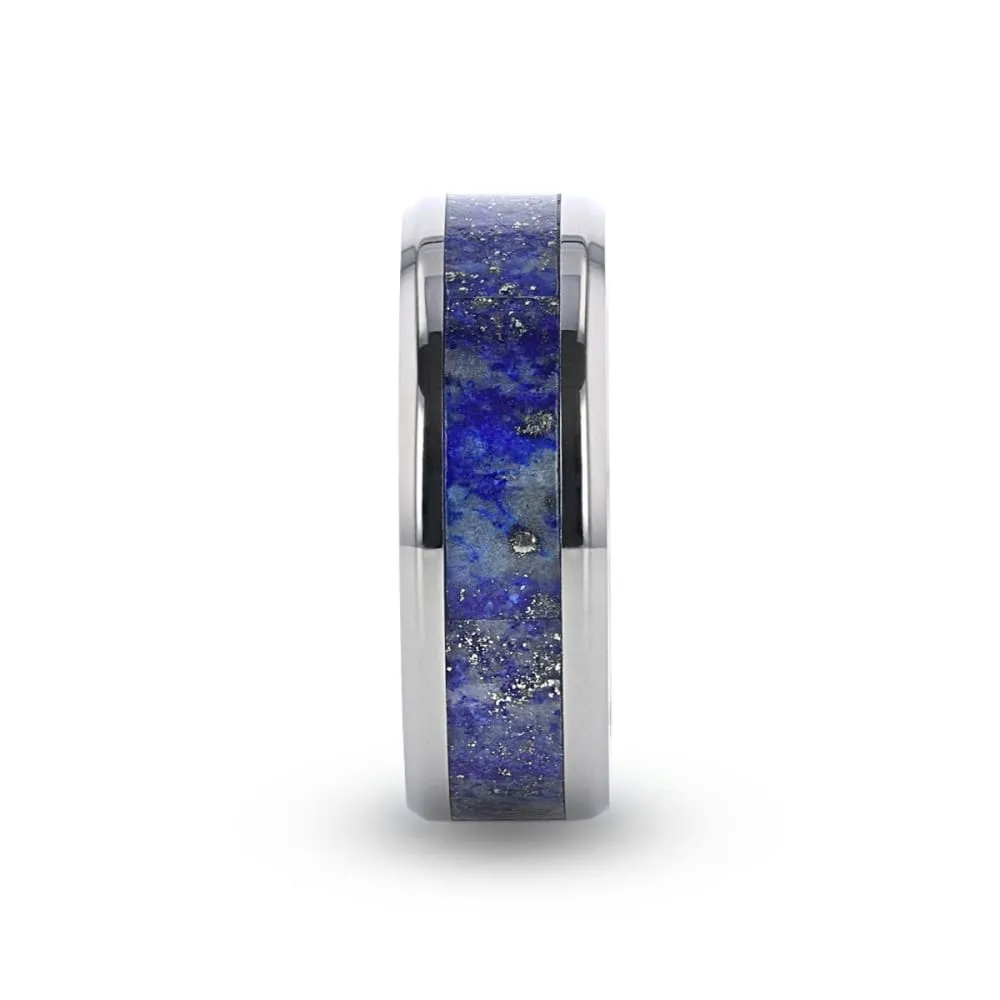 DIXON Men's Titanium Wedding Ring With Blue Lapis Inlay & Beveled Edges - 8mm