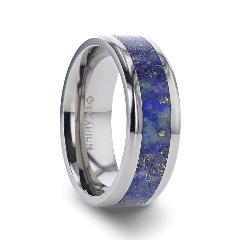 DIXON Men's Titanium Wedding Ring With Blue Lapis Inlay & Beveled Edges - 8mm