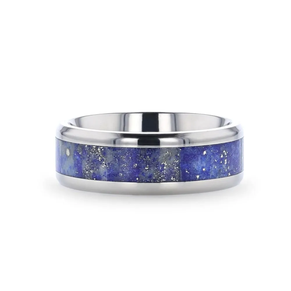 DIXON Men's Titanium Wedding Ring With Blue Lapis Inlay & Beveled Edges - 8mm