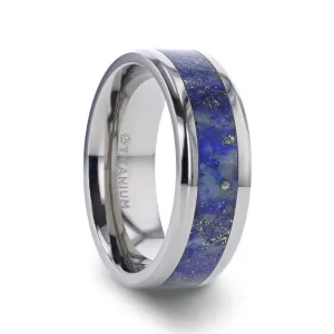 DIXON Men's Titanium Wedding Ring With Blue Lapis Inlay & Beveled Edges - 8mm