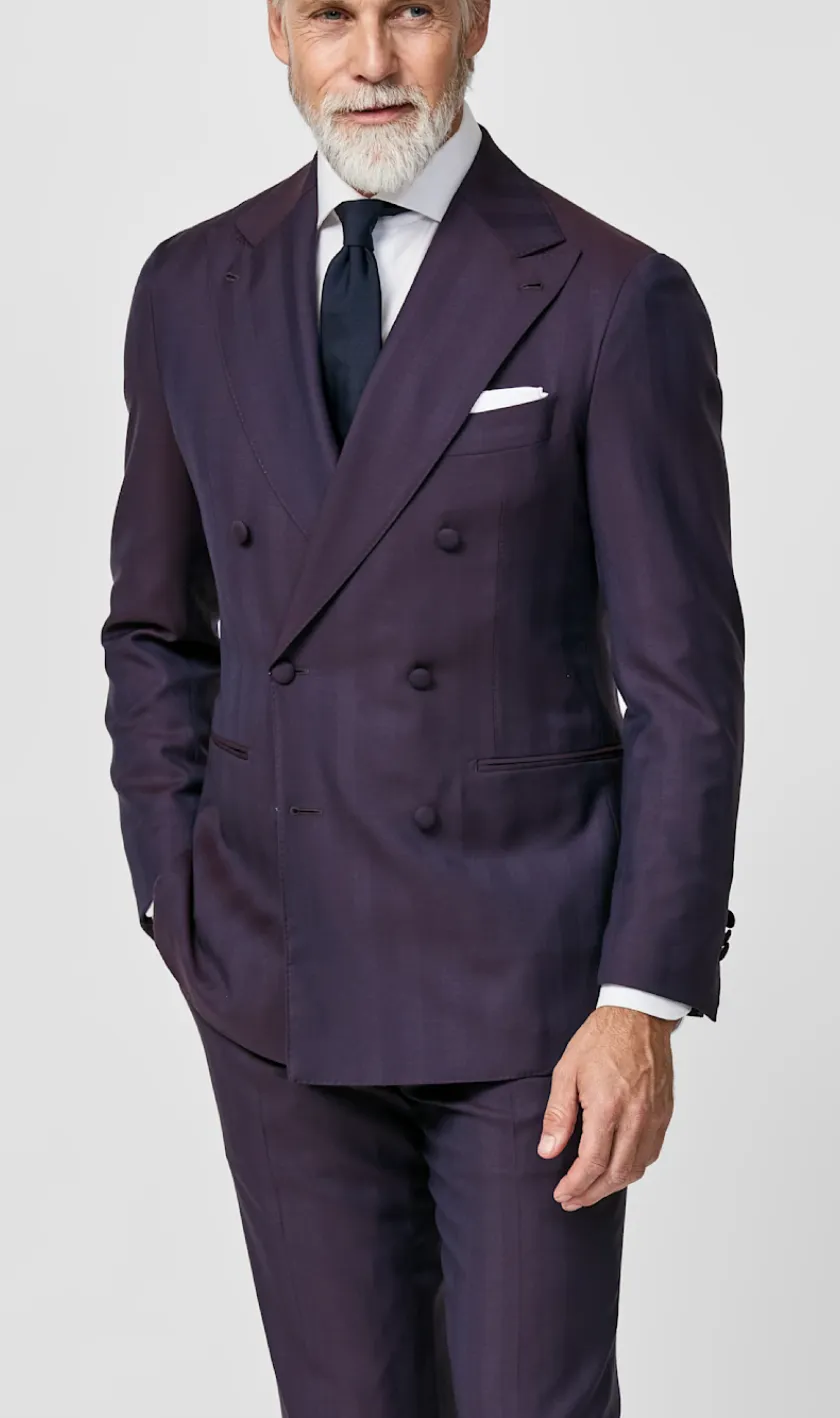 Drago Aubergine Natural Bi Stretch S130 Merino Wool Solaro Herringbone
