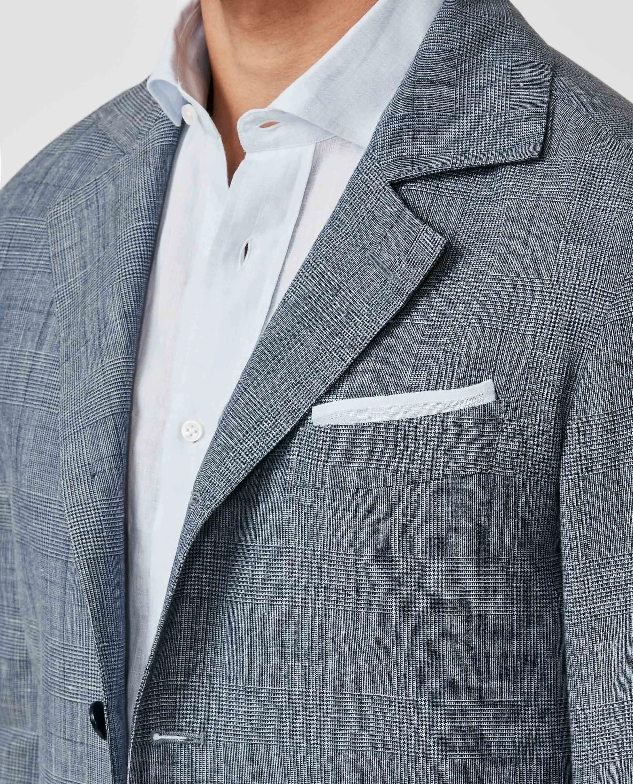 Drago Cool Blue Mélange Linen & Wool Glencheck with Navy Windowpane