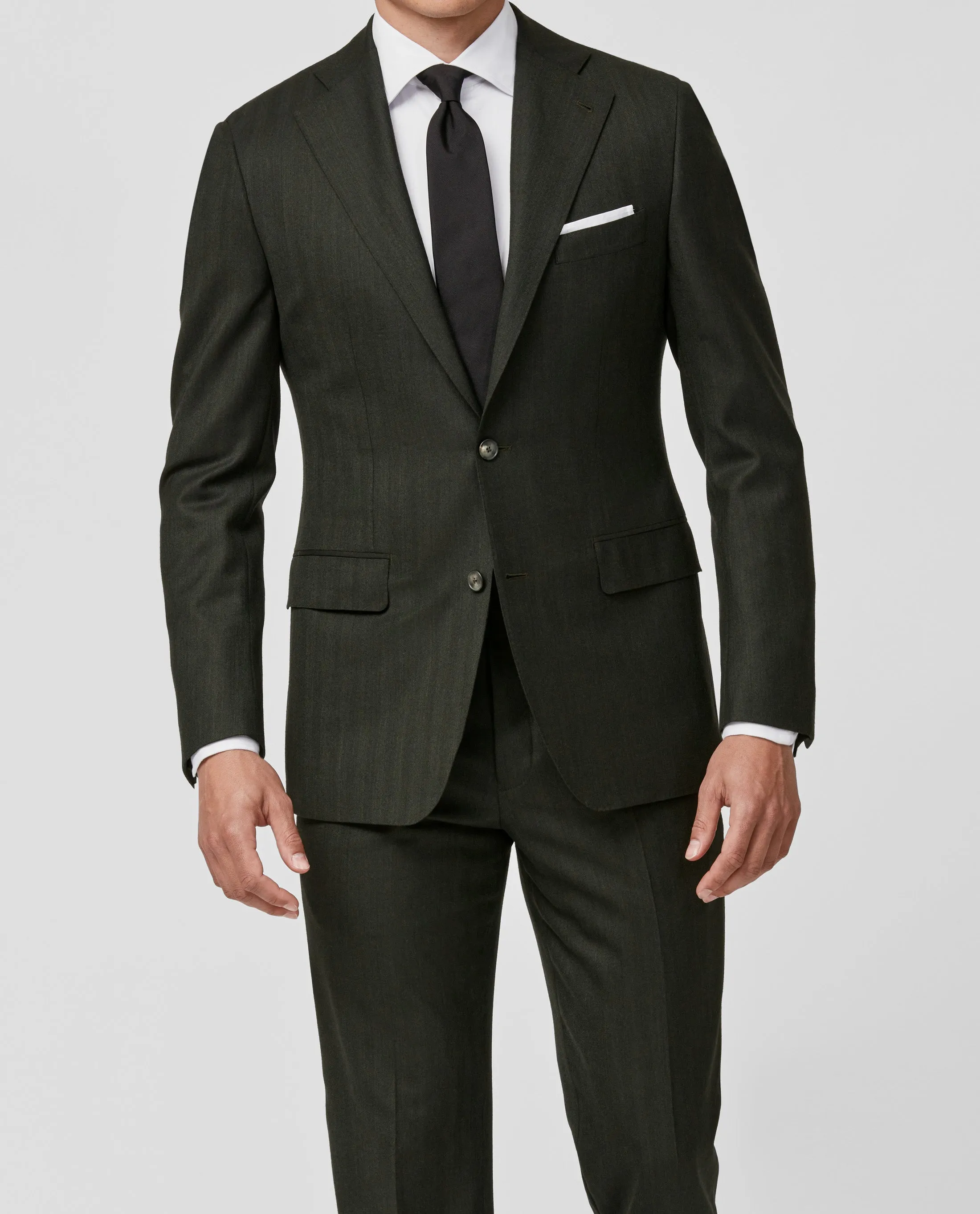 Drago Forest Green Natural Bi Stretch S130 Milled Wool Solaro Herringbone