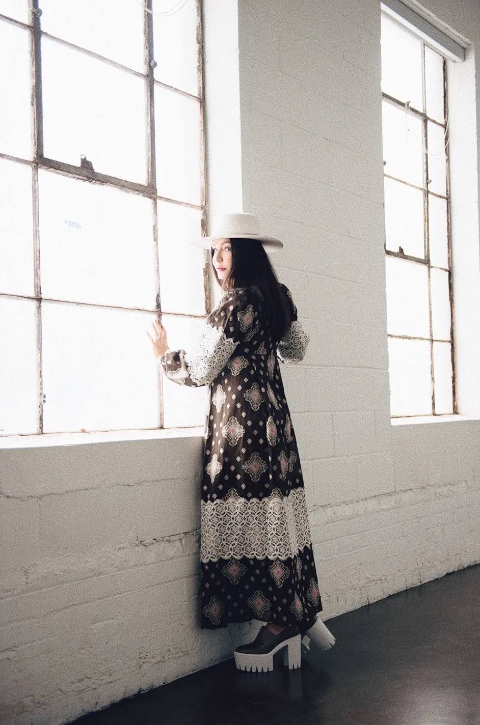 Fall 1971 Thea Porter Brocaded Cotton Gauze & Lace Flounce Dress