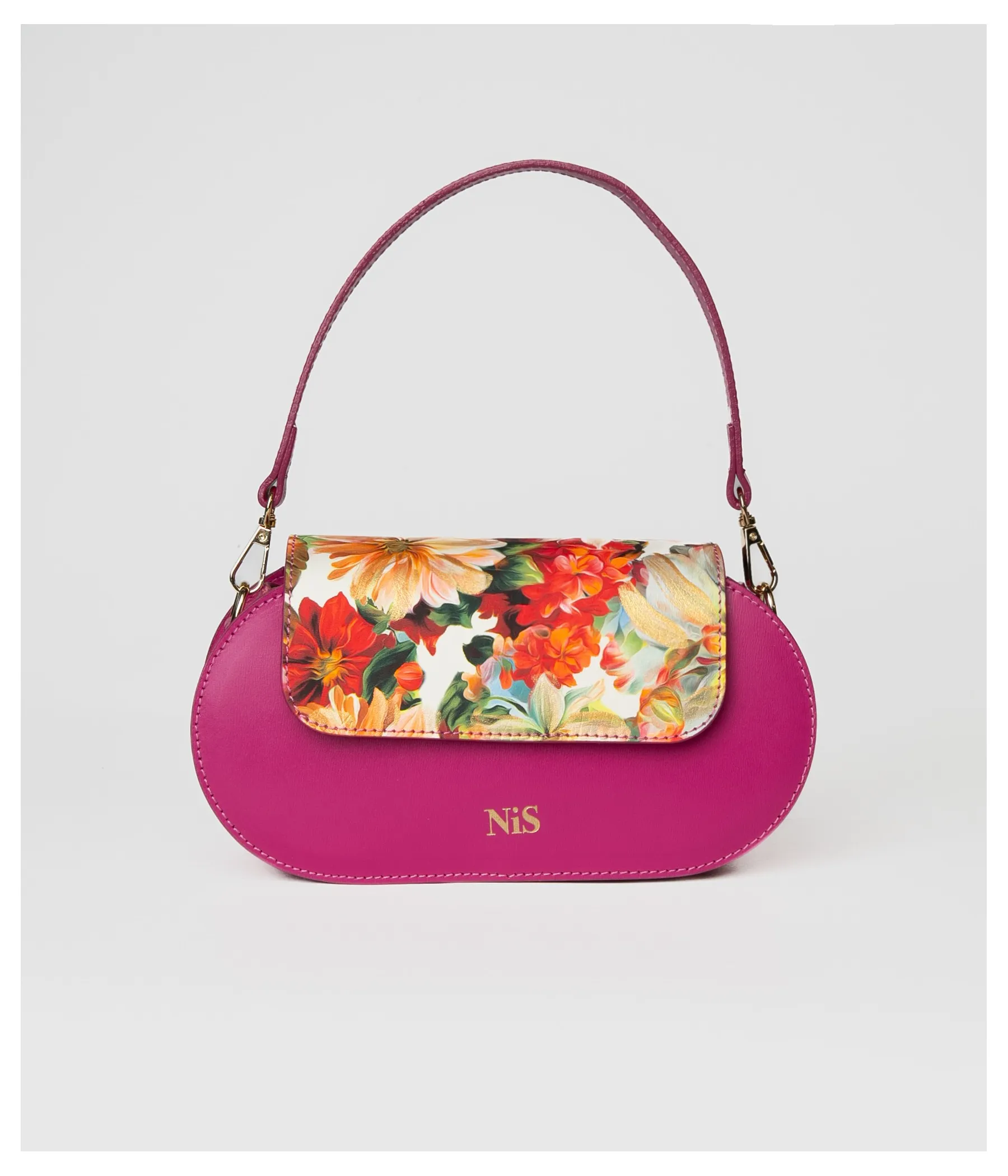 FLORA MEDIUM BAGUETTE LEATHER BAG - FUCHSIA/FLORAL