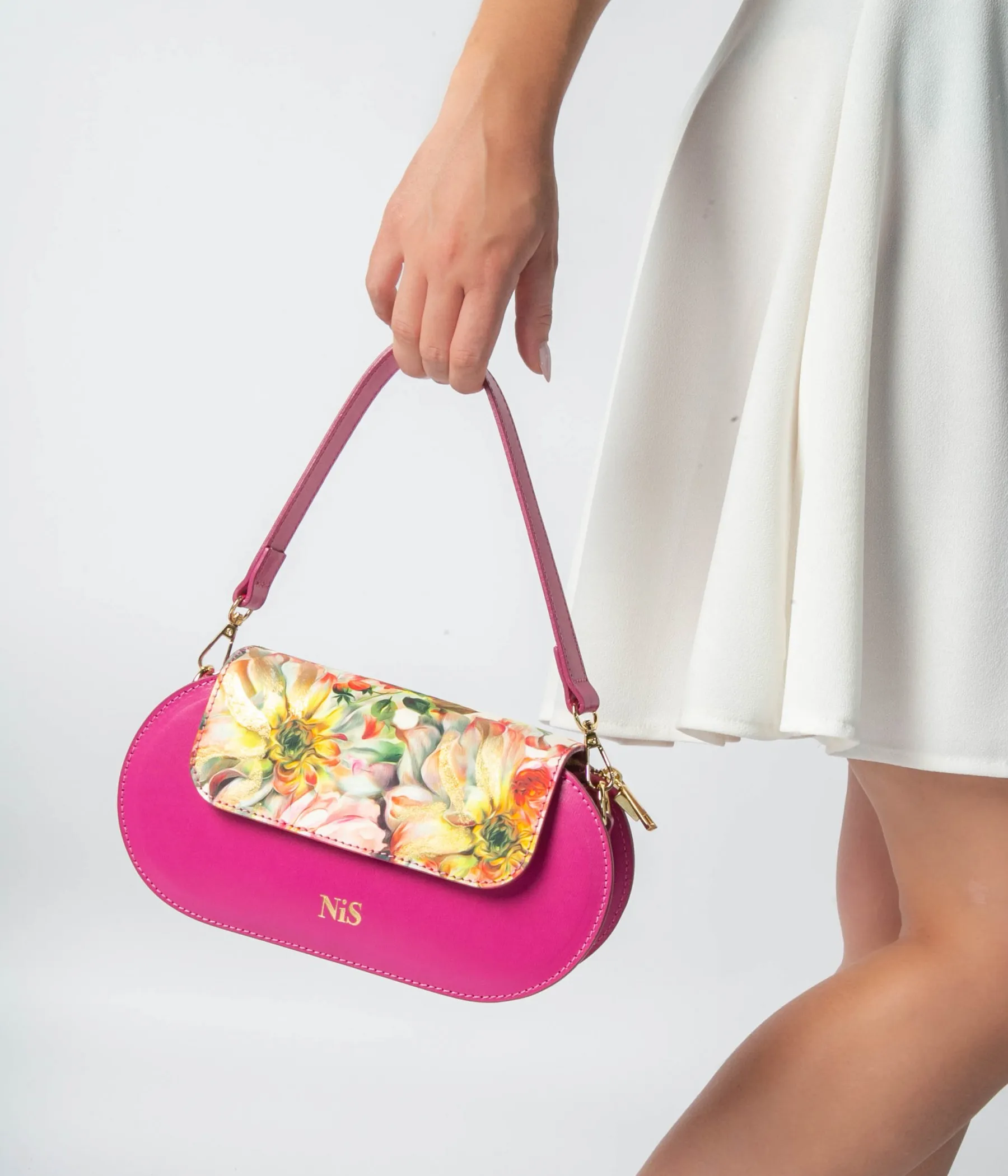 FLORA MEDIUM BAGUETTE LEATHER BAG - FUCHSIA/FLORAL