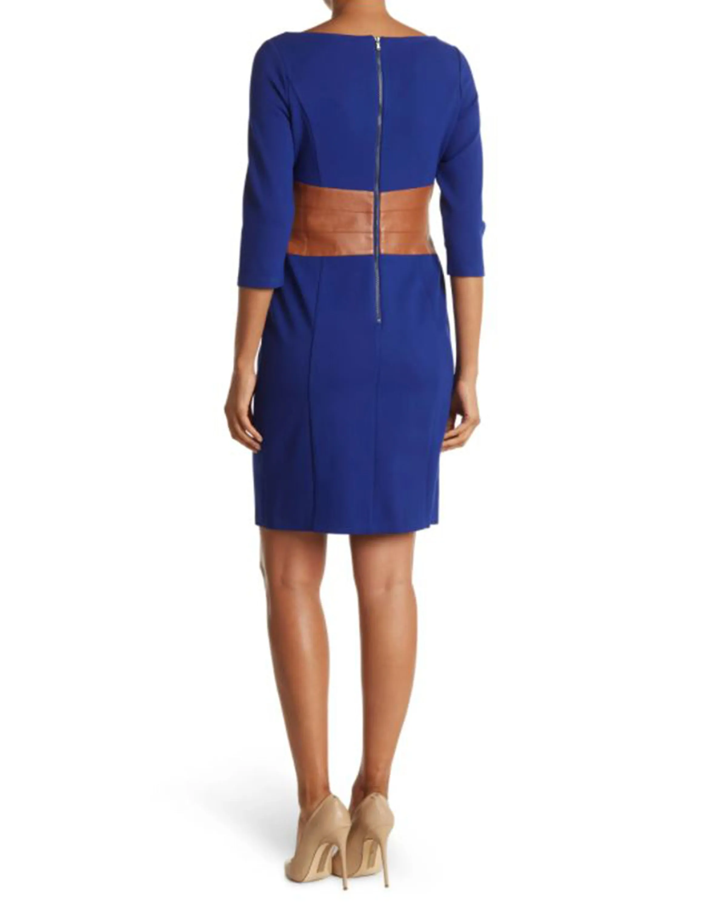 FOCUS by Shani — Ponte Knit Dress with Leather Waistband in Blue