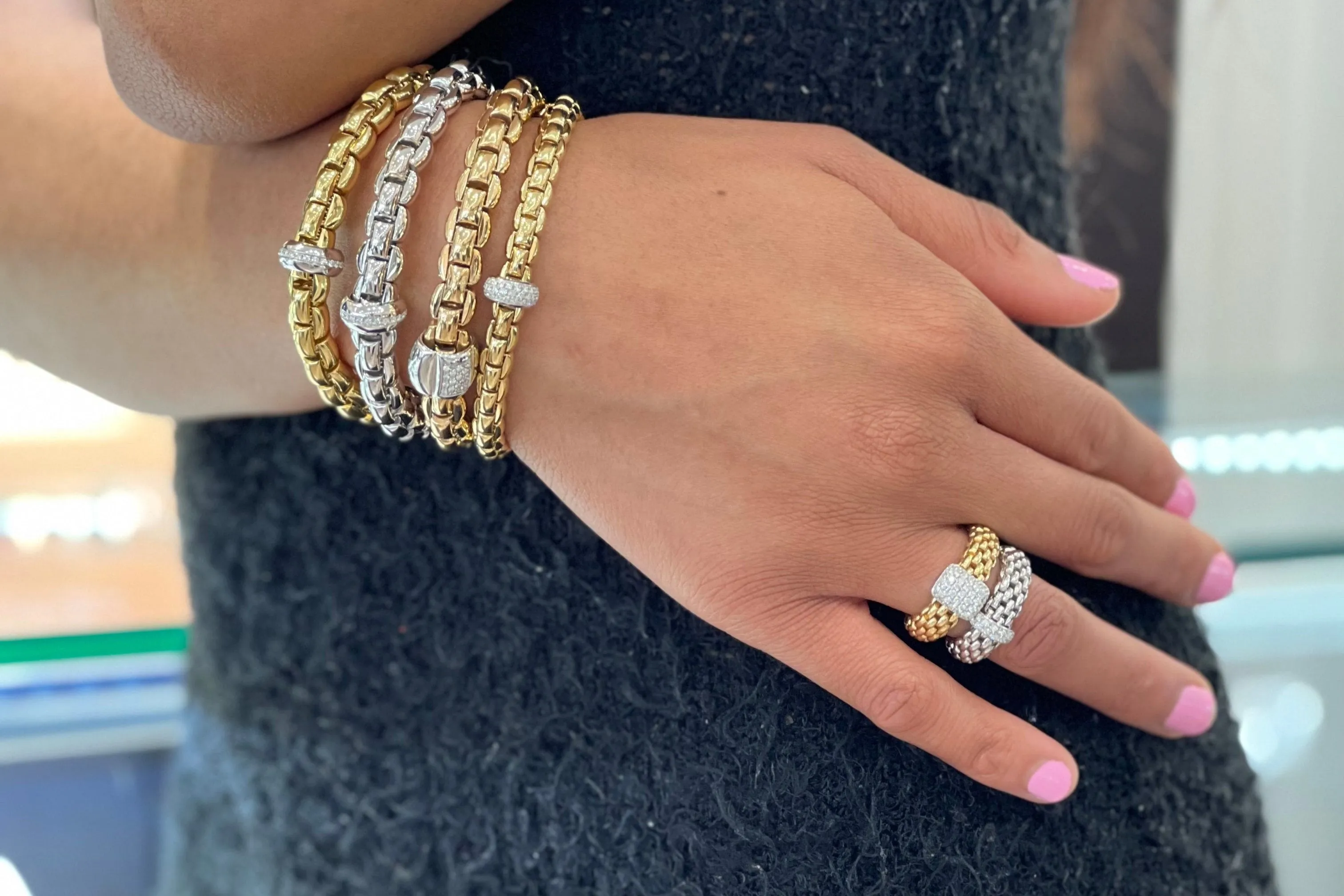 FOPE 'EKA' Large Gold Link Diamond Stretchy Bracelet